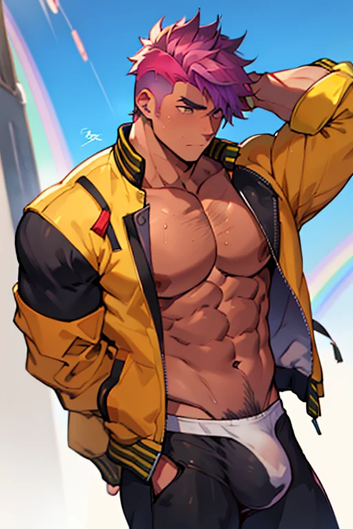 1boy,male focus,jacket,pectorals extremely masculine muscular character, ripped clothes, shirtless, huge bulge, ,solo,shirt,open jacket,open clothes,short hair, rainbow male,rainbow hair, compressing the pectorals, growth, clothes explode off character