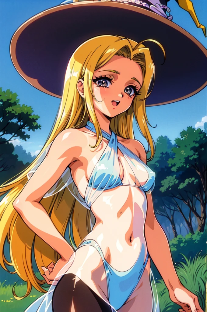 "(masterpiece:1.1), best quality,
1girl, (80s anime style:1.4), (eyelashes:1.5),
(intricate high detailed body:1.2),
yellow hair,
(forehead, hair slicked back:1.2), (long hair:1.1), (witch hat:1.2),
brown eyes,
(tan skin:1.3), (slim body:1.2), (medium breasts:1.1),
light smile, open mouth,
(see-through bikini armor, criss-cross halter:1.2), (pantyhose:1.1),
(ribbon:1.1), (ahoge:1.2), neckwear,
standing,
(upper body, looking at viewer, from front:1.1),
(daytime, grassland, outdoors:1.1)"