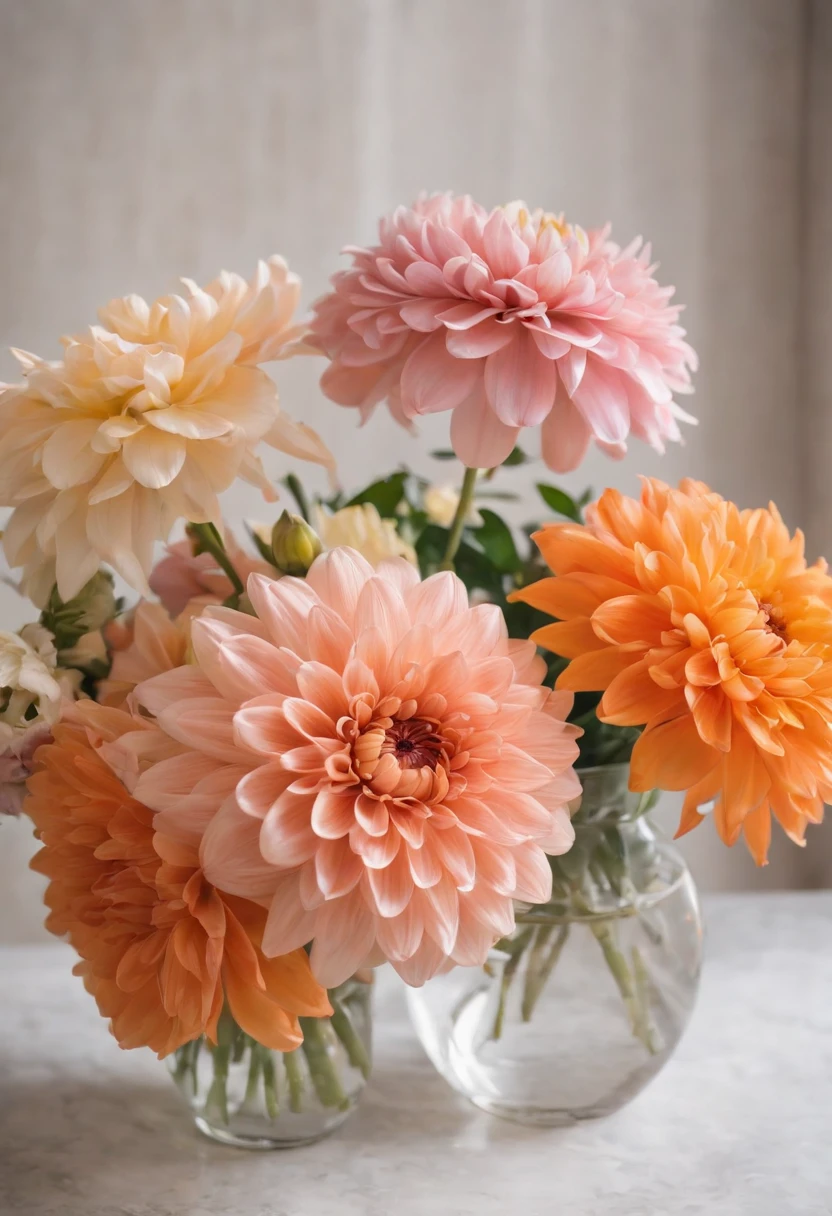 There is a vase on the table，Crystal and transparent flowers、Covered with flowers and oranges, Pastels inspired by François Boket, unsplash, barroco, Magnificent composition, Dahlia Flower, Paper chrysanthemum, Floating bouquet, magical flowers, realistic flowers oil painting, Soft and complex, Glorious composition, Platonic ideals of flowers, Beautiful composition, still life photography, Pink-yellow flowers