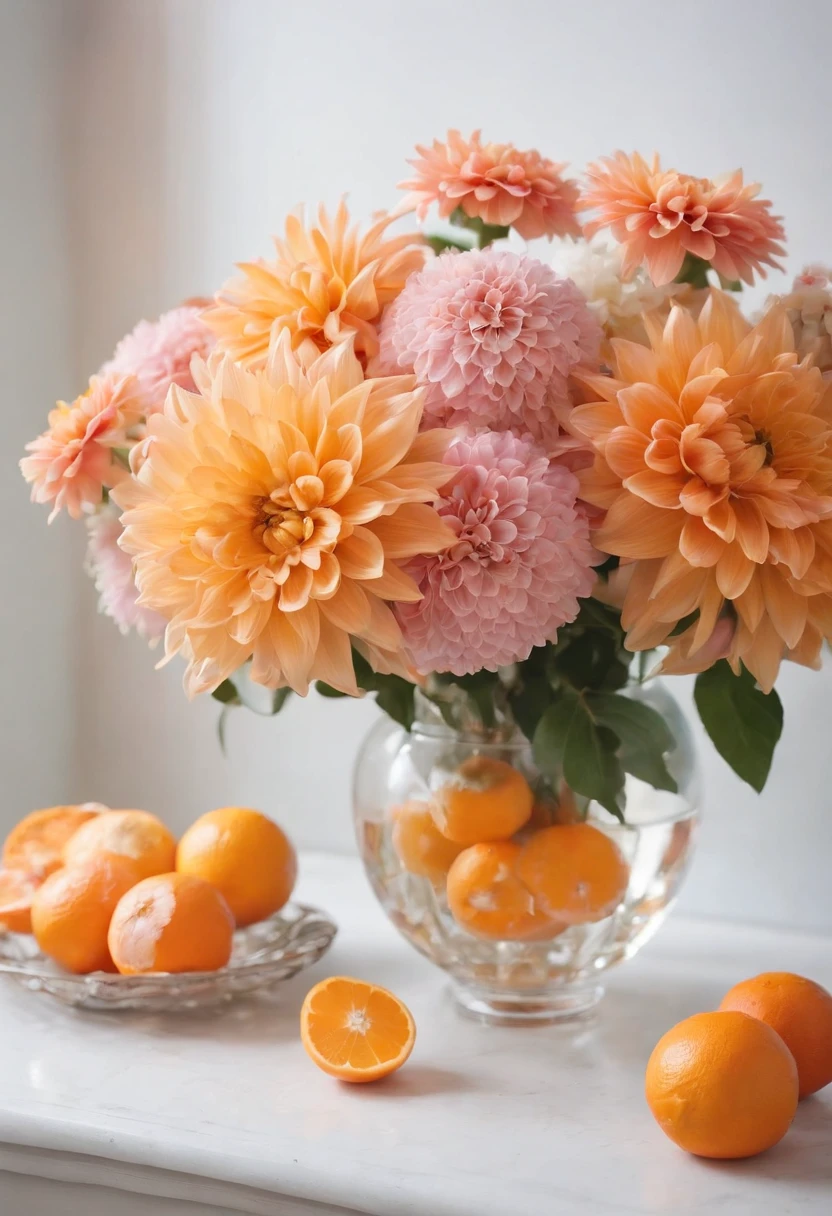 There is a vase on the table,Crystal and transparent flowers、Covered with flowers and oranges, Pastels inspired by François Boket, unsplash, barroco, Magnificent composition, Dahlia Flower, Paper chrysanthemum, Floating bouquet, magical flowers, realistic flowers oil painting, Soft and complex, Glorious composition, Platonic ideals of flowers, Beautiful composition, still life photography, Pink-yellow flowers