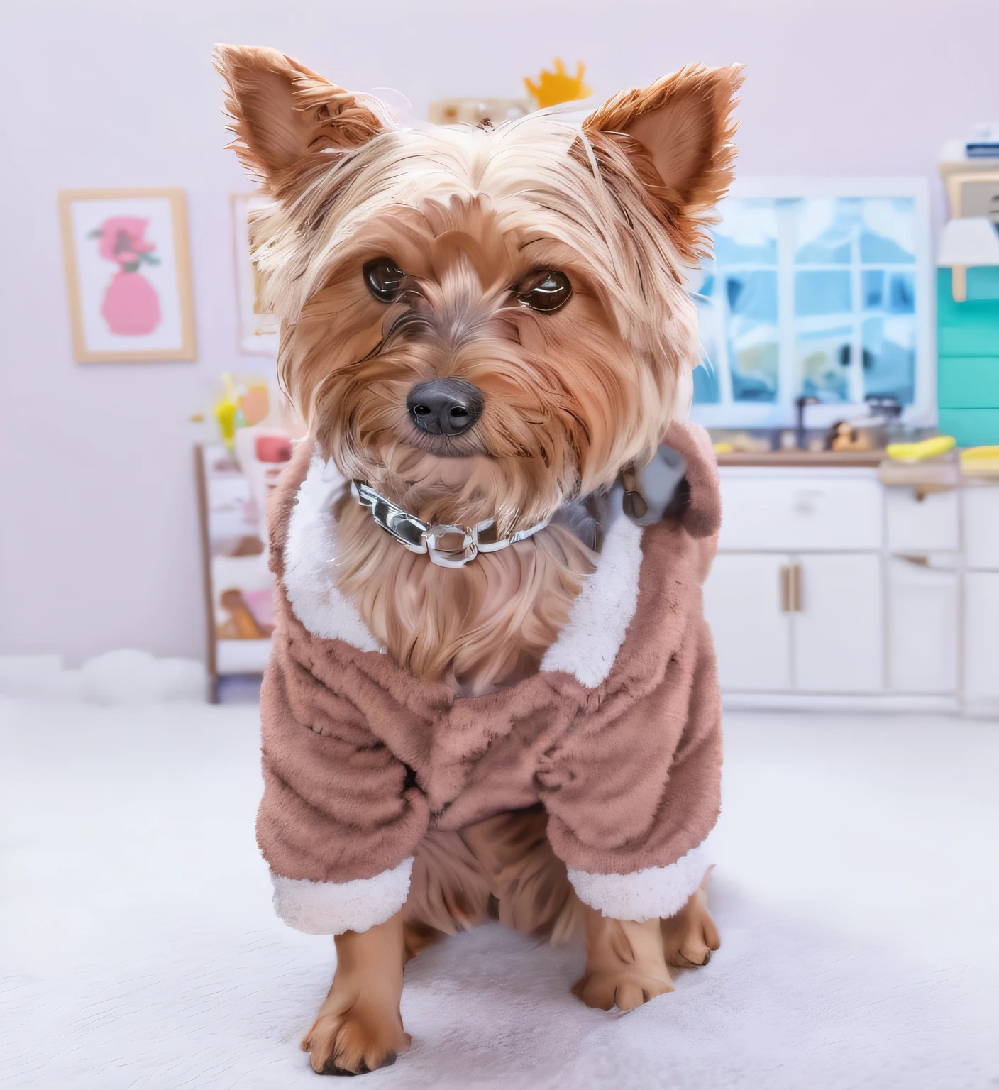 Dressed in a dog costume, sits on the floor, He is wearing a brown sweater, In pajamas, toy commercial photo, Fluffy style, detailed portrait shot, Yorkshire terrier