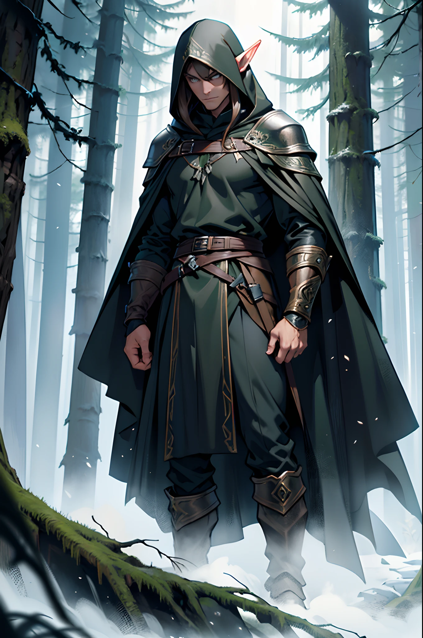 Wood Elf Ranger, with long hair brown hair, Elf's ears, An elf dressed in a black hooded ranger, Serious look, in black leather armor, Ranger Warrior, Elf in a hood, Thin and tall, Full-length, Slim, Very tall, Enigmatic, Hooded, In a dark cloak on the background of the forest, Medieval times, Fantasy