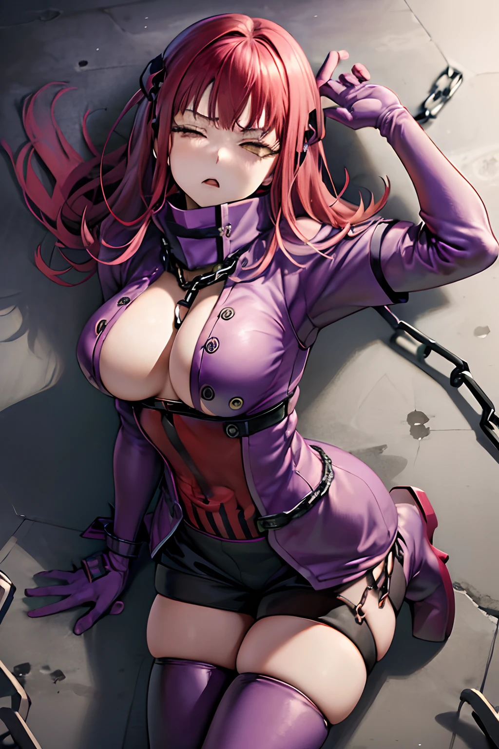 masutepiece, Best Quality, absurderes, Perfect Anatomy, 1girl in, Solo, Yoko Katori, Long hair, purple thighhighs, elbow groves, Purple gloves, Black shorts, uniform, thigh holster, ((sleep on one's back)), embarassed expression、((Chained))、((thigh high boots))、((gargantilha))、((Chains are wrapped around his arms))