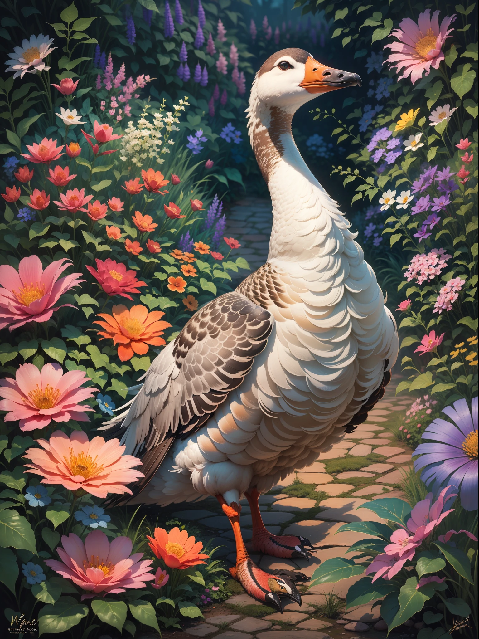 beautifully detailed Marvel Goose made of ultra-fine painting, with sharp focus and vivid colors, in a realistic art style. The goose has expressive eyes and a graceful neck, with intricate feather details. The masterpiece depicts the goose walking in a bright garden, with colorful flowers and lush greenery. The lighting is soft and natural, creating a serene atmosphere. The artwork has a high resolution of 4k, capturing every minute detail of the goose and its surroundings.