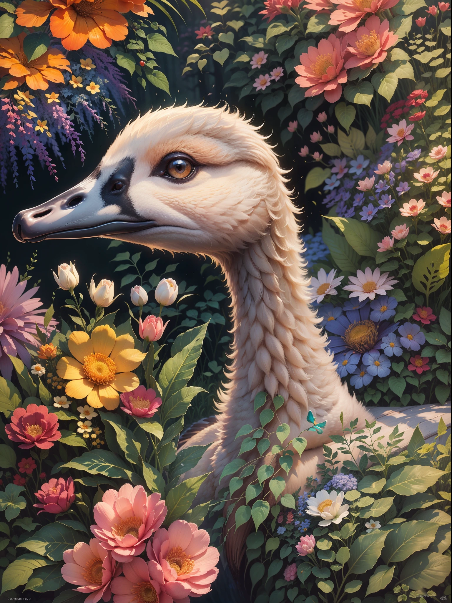 beautifully detailed Marvel Goose made of ultra-fine painting, with sharp focus and vivid colors, in a realistic art style. The goose has expressive eyes and a graceful neck, with intricate feather details. The masterpiece depicts the goose walking in a bright garden, with colorful flowers and lush greenery. The lighting is soft and natural, creating a serene atmosphere. The artwork has a high resolution of 4k, capturing every minute detail of the goose and its surroundings.