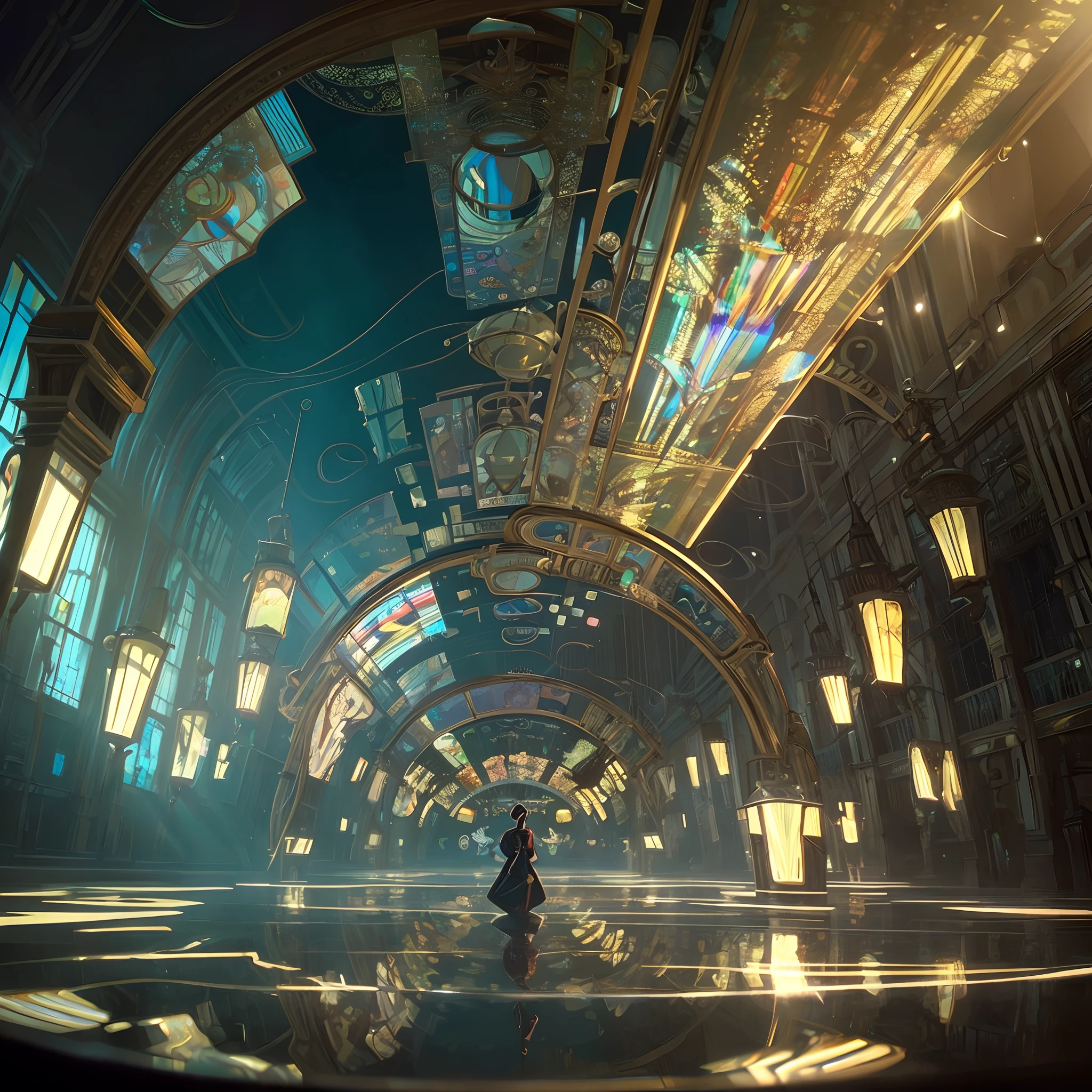 Water, refraction, Reflectors, Mirrors, prisma, Sunlight, glowing lights!! Intricate elegant, Highly detailed, Digital Painting, art  stations, Concept art, Smooth, Sharp Focus, Illustration, art by ( ( ( ( ArtGerm ) ) ) ) And ( Greg Rutkowski )! And ( ( ( Alphonse Mucha ) ) ), Eyes reflecting into an infinitely reflective eye