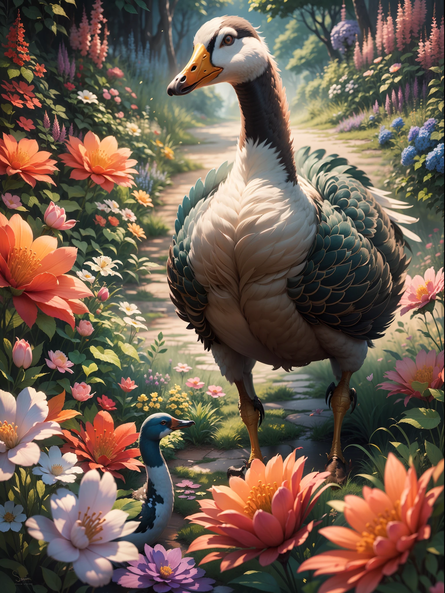 beautifully detailed Marvel Goose made of ultra-fine painting, with sharp focus and vivid colors, in a realistic art style. The goose has expressive eyes and a graceful neck, with intricate feather details. The masterpiece depicts the goose walking in a bright garden, with colorful flowers and lush greenery. The lighting is soft and natural, creating a serene atmosphere. The artwork has a high resolution of 4k, capturing every minute detail of the goose and its surroundings.