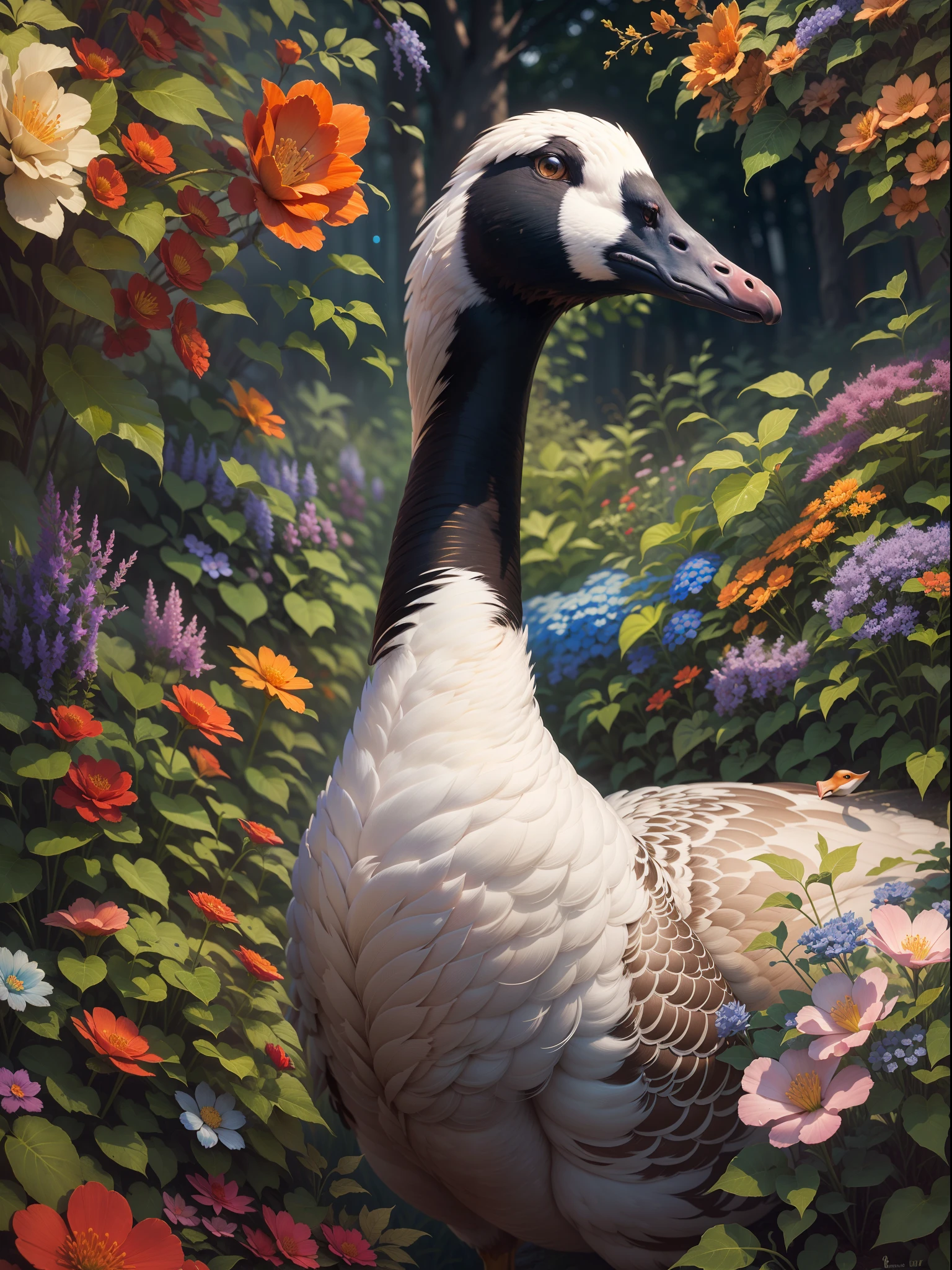 beautifully detailed Marvel Goose made of ultra-fine painting, with sharp focus and vivid colors, in a realistic art style. The goose has expressive eyes and a graceful neck, with intricate feather details. The masterpiece depicts the goose walking in a bright garden, with colorful flowers and lush greenery. The lighting is soft and natural, creating a serene atmosphere. The artwork has a high resolution of 4k, capturing every minute detail of the goose and its surroundings.