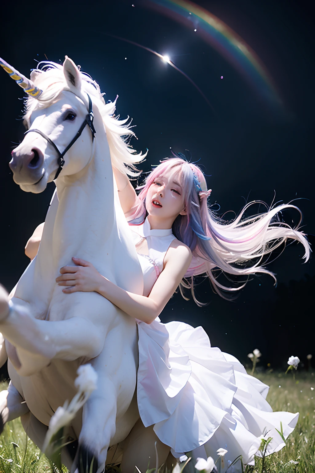 White unicorn running through the meadow　Irridescent color　Black background　spot light　shooting stars　Woman riding a white unicorn　rainbow-colored hair　White sleeveless dress　is crying