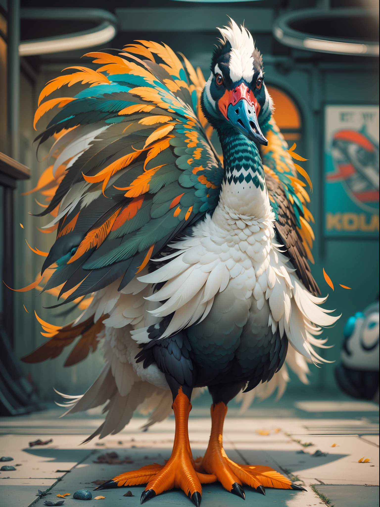 a goose with Marvel colors and patterns,heroic eyes,fluffy feathers,[comic style] @[MCU-themed] background, [heroic stance], bright and vibrant colors, [dynamic pose],sleek and shiny feathers, [powerful gaze], [detailed feathers and patterns], [high contrast], dramatic lighting, [cinematic feel], [full of energy]