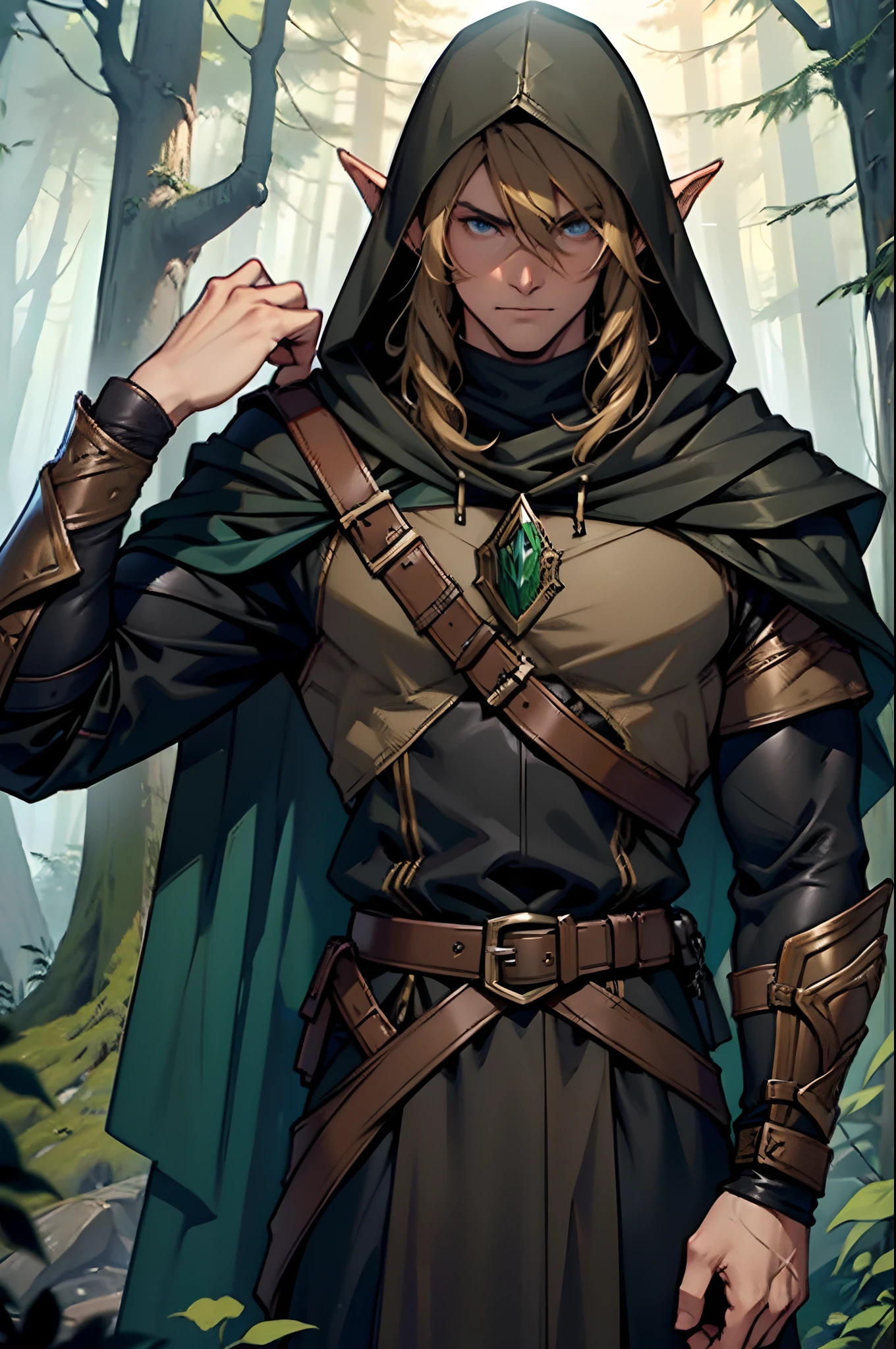 Wood Elf Ranger, with short brown hair, Elf's ears, An elf dressed in a black hooded ranger, Serious look, in black leather armor, Ranger Warrior, Elf in a hood, Thin and tall, Full-length, Slim, Very tall, Enigmatic, Hooded, In a dark cloak on the background of the forest, Medieval times, Fantasy