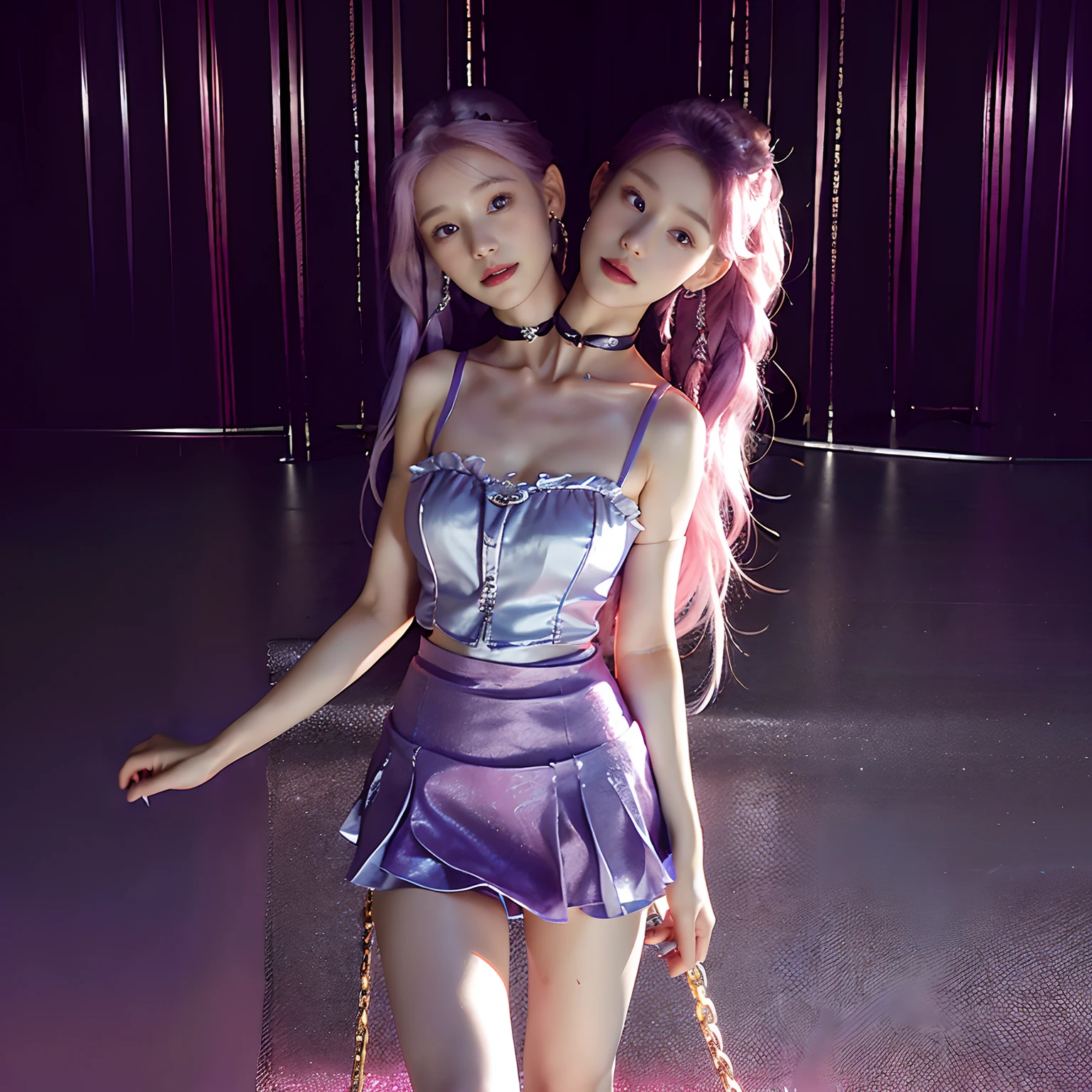 (best quality, half-body shot, 2heads, girl with two heads, one head pink hair, one head purple hair, chokers connected by chains, chain necklaces, very long floor-length hair with braids in them, different hair colours, different faces, skirt, ballet shoes, tiara, earings, indoor background)