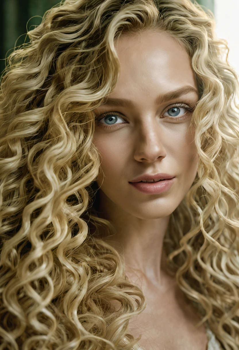((half body)) portrait photo of a beautiful 25 years european woman, endless long (extra long curly blonde hair), Award - winning photograph, Masterpiece, 8k, ultra high res, hyper detailed, beautiful woman, perfect face, rule of thirds, Perfect eyes, Perfect iris, perfect pupils, (perfectly round iris:1.3), Perfect lips, Perfect teeth, dimples, perfect nose, highly detailed hair, ((detailed face)), ((detailed facial features)), (finely detailed skin), pale skin, realistic skin texture, extreme skin details, (pores:0.1),(sweaty:0.8), insane details, intricate details, amazing fine detail, photorealistic, photograph, photorealism, rich colors, lifelike texture, neutral colors, Soft front light,cinematic lighting, dramatic lighting,dappled light on face, backlight on hair, sharp focus, wide angle, film grain, dslr, raw photo, photographed on Nikon