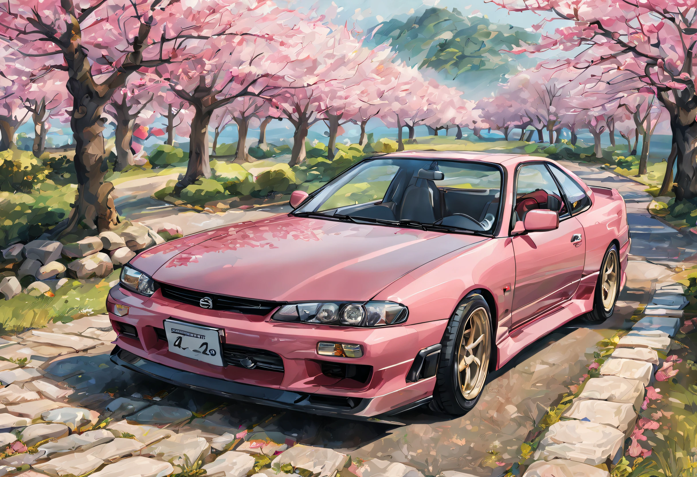 (best quality,highres,masterpiece:1.2),ultra-detailed,realistic,photorealistic:1.37,illustration,[Nissan Silvia S14 2002],Japanese Cherry tree, pink petals, plenty of details, distant view