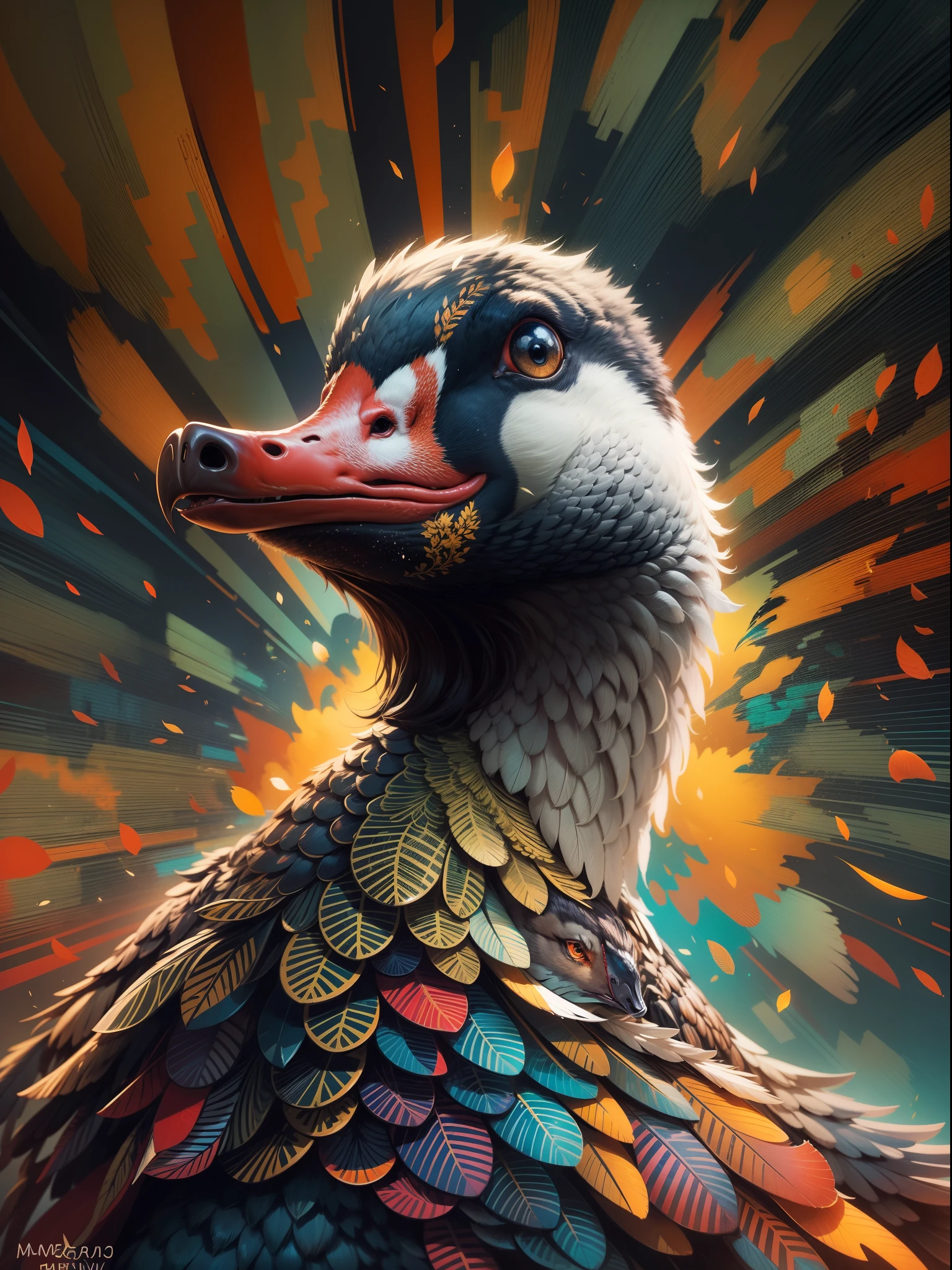 a goose with Marvel colors and patterns,heroic eyes,fluffy feathers,[comic style] @[MCU-themed] background, [heroic stance], bright and vibrant colors, [dynamic pose],sleek and shiny feathers, [powerful gaze], [detailed feathers and patterns], [high contrast], dramatic lighting, [cinematic feel], [full of energy]