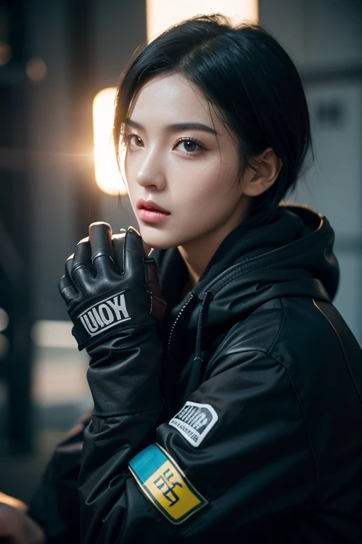 A glamorous young short black haired lady, Tomboyish, techwear outfits, Tactical attrition, Tacticool, tmasterpiece, Perfect for full-body shooting, High definition and sharpness, Creative and expressive lighting, Vivid and evocative colors, Details and surprising textures, Stunning eye detail, Innovative and bold composition, Surprising and fascinating perspective, Artistic fidelity and precision, Creative and effective approach, Exposure control is good,Expressive, Surprising originality and creativity, Engaging emotions and narratives, Creative use of light and shadow, Capture unique and surprising moments, Impeccable technical competence, Harmonious tonal balance, Meticulous attention to every detail, Realistic and expressive portrait, Use color wisely,Create a unique atmosphere, Impressive visual impact.