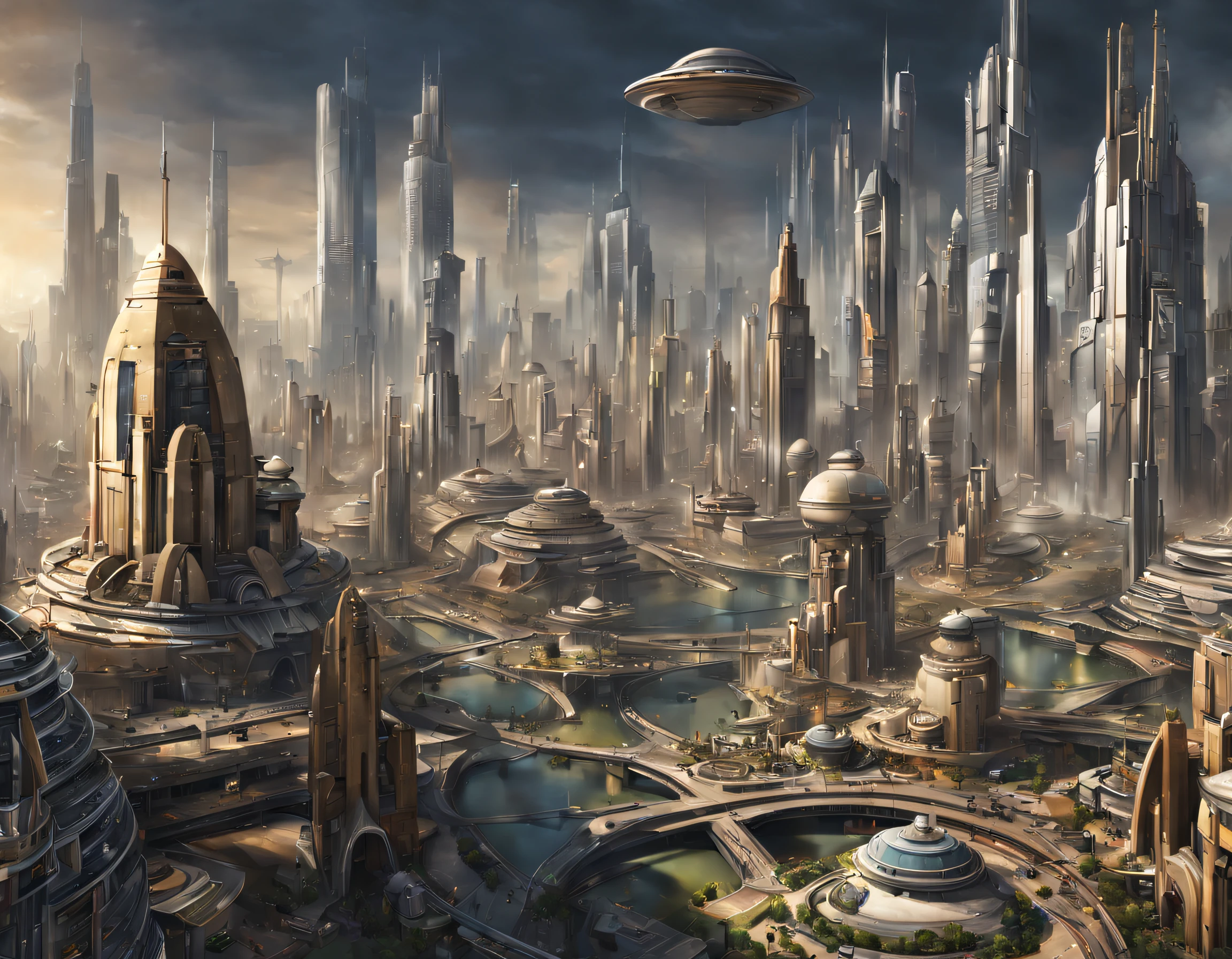 The city of Coruscant from Star Wars as designed by Doug Chiang, futuristic fantasy city with immense buildings of technological design (que forman una avenida infinita), edificios compactor no difuminados, con estructuras acristaladas en plata, oro y bronce espectaculares, (con colores vivos). pavimento ensolado (sin brillo). gente paseando. imagen bien definida con muchos edificios juntos. imagen nitida bien definida 8k. los edificios llegan alta el fondo.,8k. imagen cinematografica.