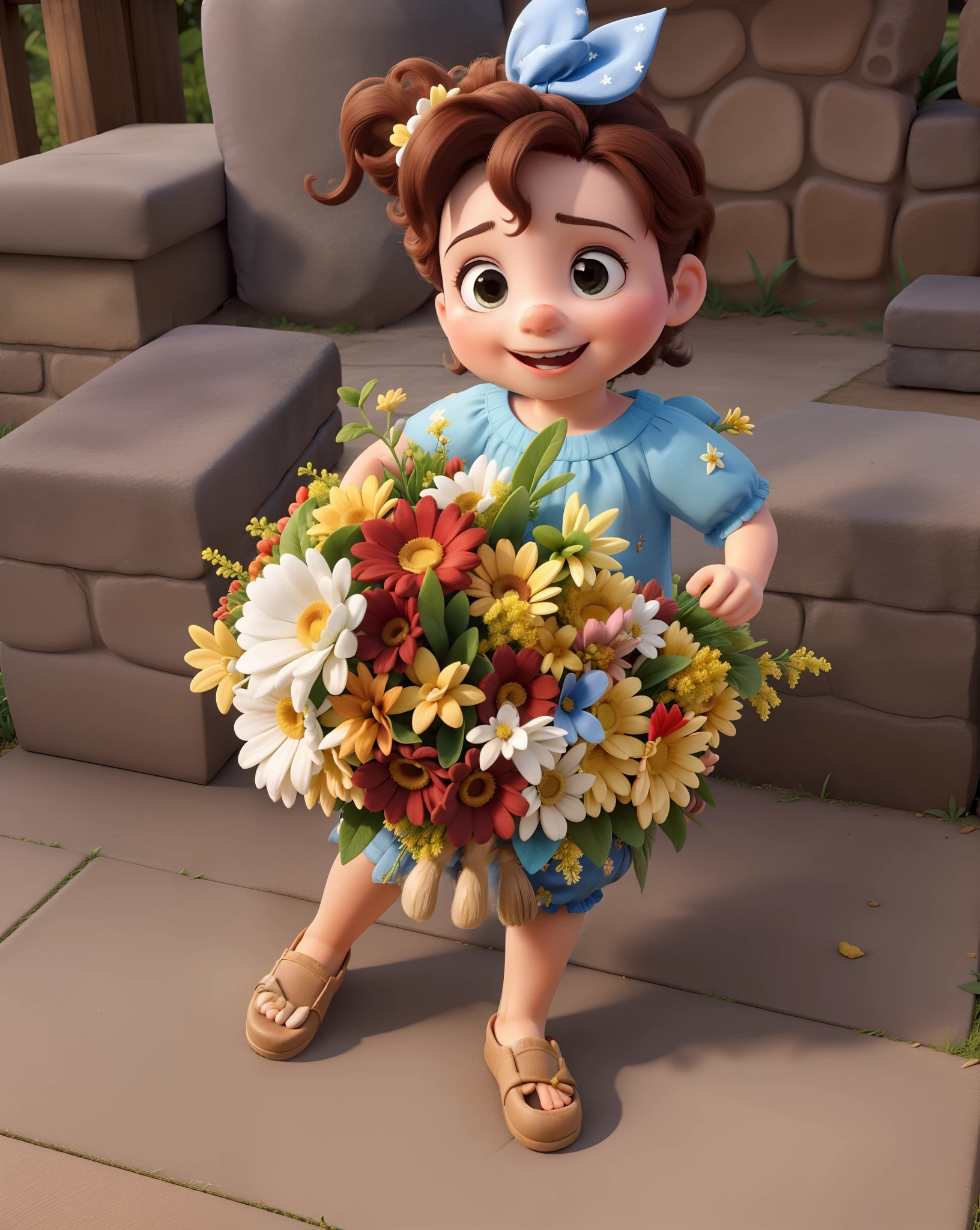 Obra-prima, de melhor qualidade, a child aged 1 year and 5 months, cabelo loira, cabelo loura, segurando um buque de flores, Bow in the hair, pixer style, 3d, cara de feliz, Is wearing slippers on your feet, esta no parque, gramado, passarinhos voando, blue skies, dia de sol, cabelo liso
