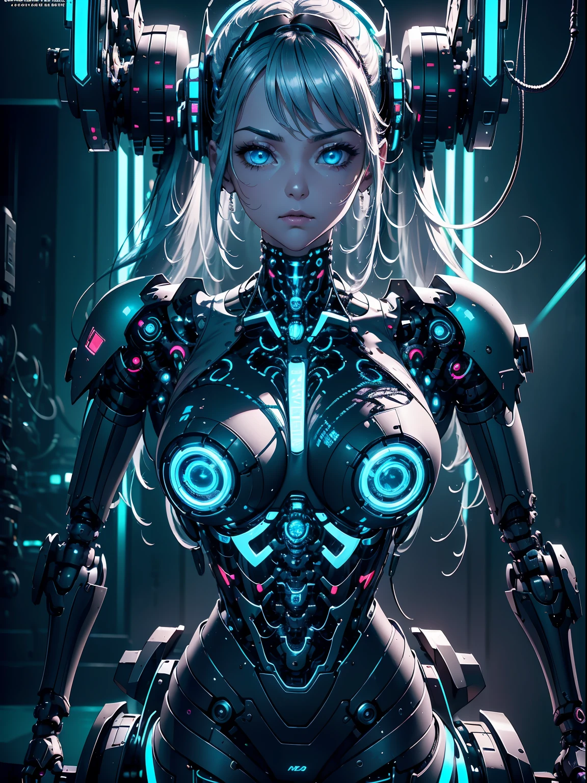 absurderes,(​masterpiece、top-quality、8K ),intricate detailes,ultra-detailliert、1 Beautiful, And a woman of perfect proportions,(Machine Girl 1.3),Purple long hair,cleavage,Navel,Upper body,(Mechanical body,mechanical arms :1.4),(greenr&Silver metallic body:1.3),Neon Light Parts,Red glowing neon lights,Blue Glowing Neon Lights、Mechanical headgear ,(Cyberpunk ),(Fighting stance:1.2),Hyper realistic,Perfect Anatomy