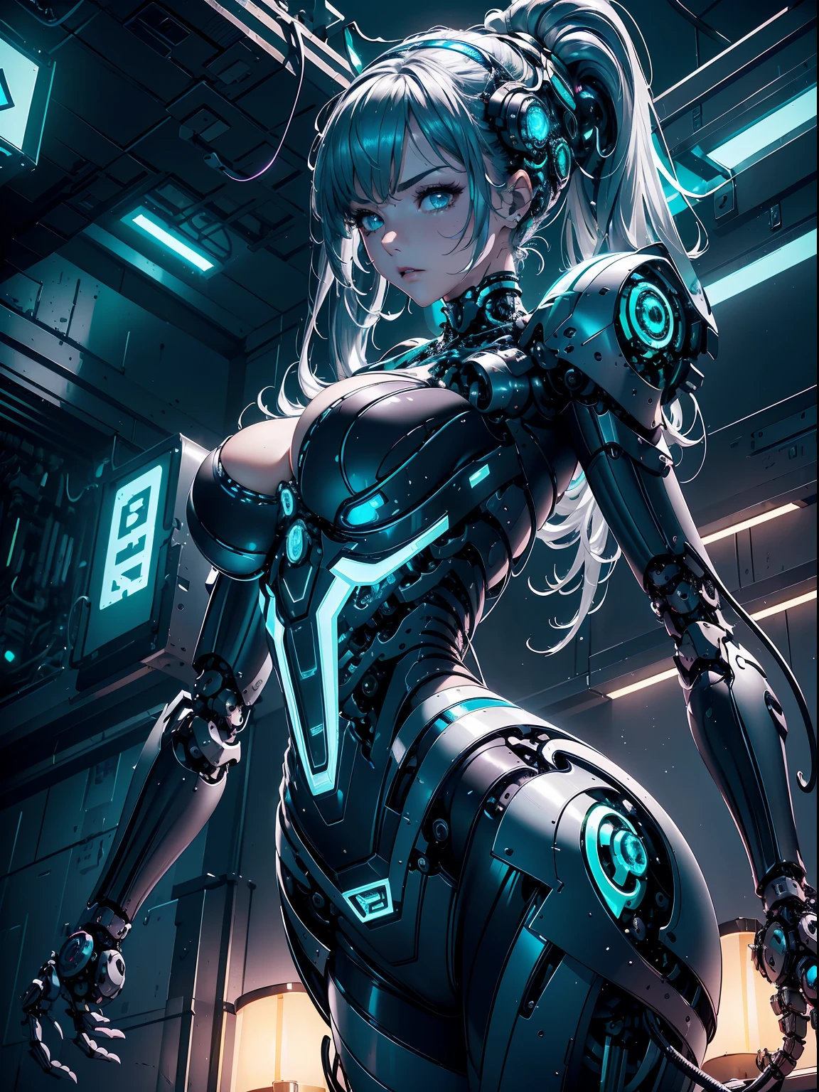 absurderes,(​masterpiece、top-quality、8K ),intricate detailes,ultra-detailliert、1 Beautiful, And a woman of perfect proportions,(Machine Girl 1.3),Purple long hair,cleavage,Navel,Upper body,(Mechanical body,mechanical arms :1.4),(greenr&Silver metallic body:1.3),Neon Light Parts,Red glowing neon lights,Blue Glowing Neon Lights、Mechanical headgear ,(Cyberpunk ),(Fighting stance:1.2),Hyper realistic,Perfect Anatomy