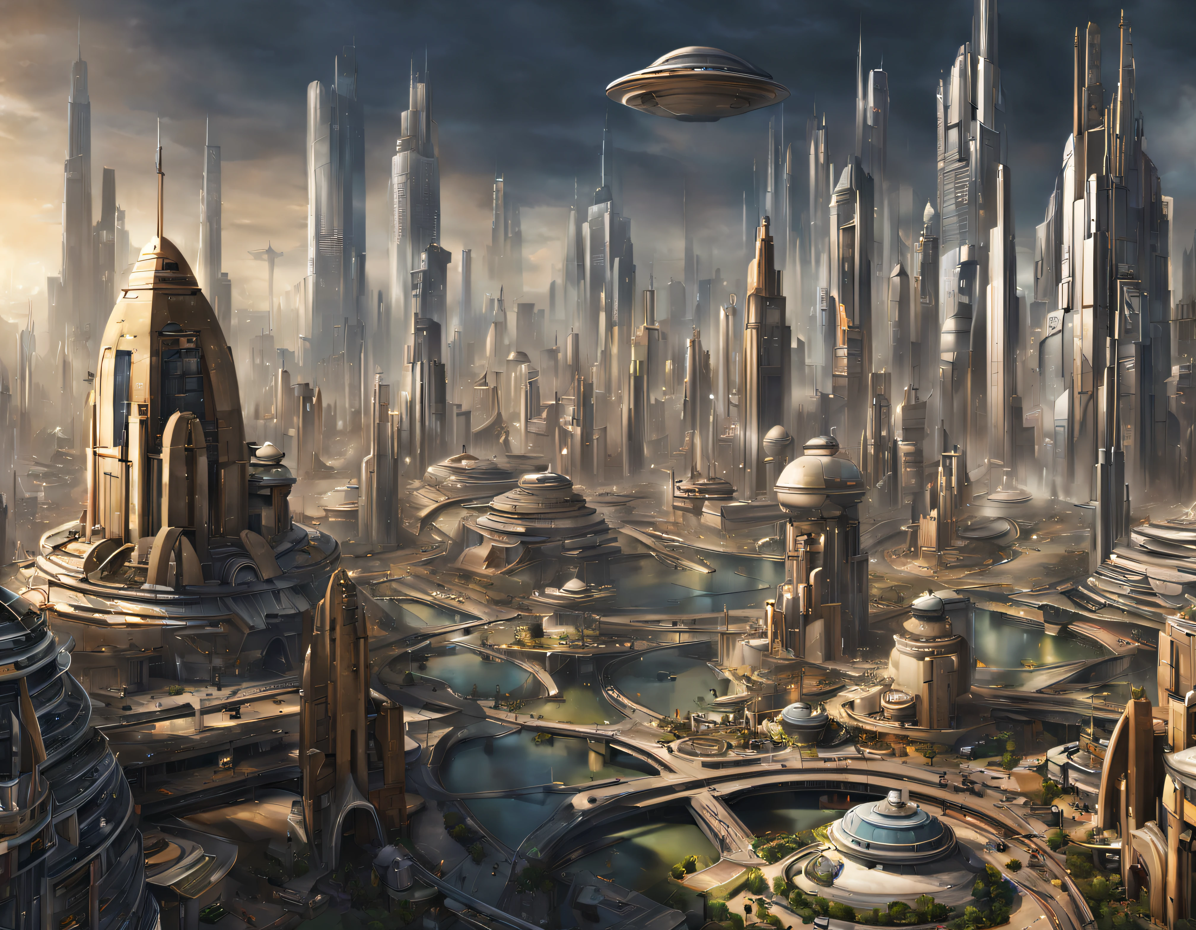 The city of Coruscant from Star Wars as designed by Doug Chiang, futuristic fantasy city with immense buildings of technological design (que forman una avenida infinita), edificios compactor no difuminados, con estructuras acristaladas en plata, oro y bronce espectaculares, (con colores vivos). pavimento ensolado (sin brillo). gente paseando. imagen bien definida con muchos edificios juntos. imagen nitida bien definida 8k. los edificios llegan alta el fondo.,8k. imagen cinematografica.