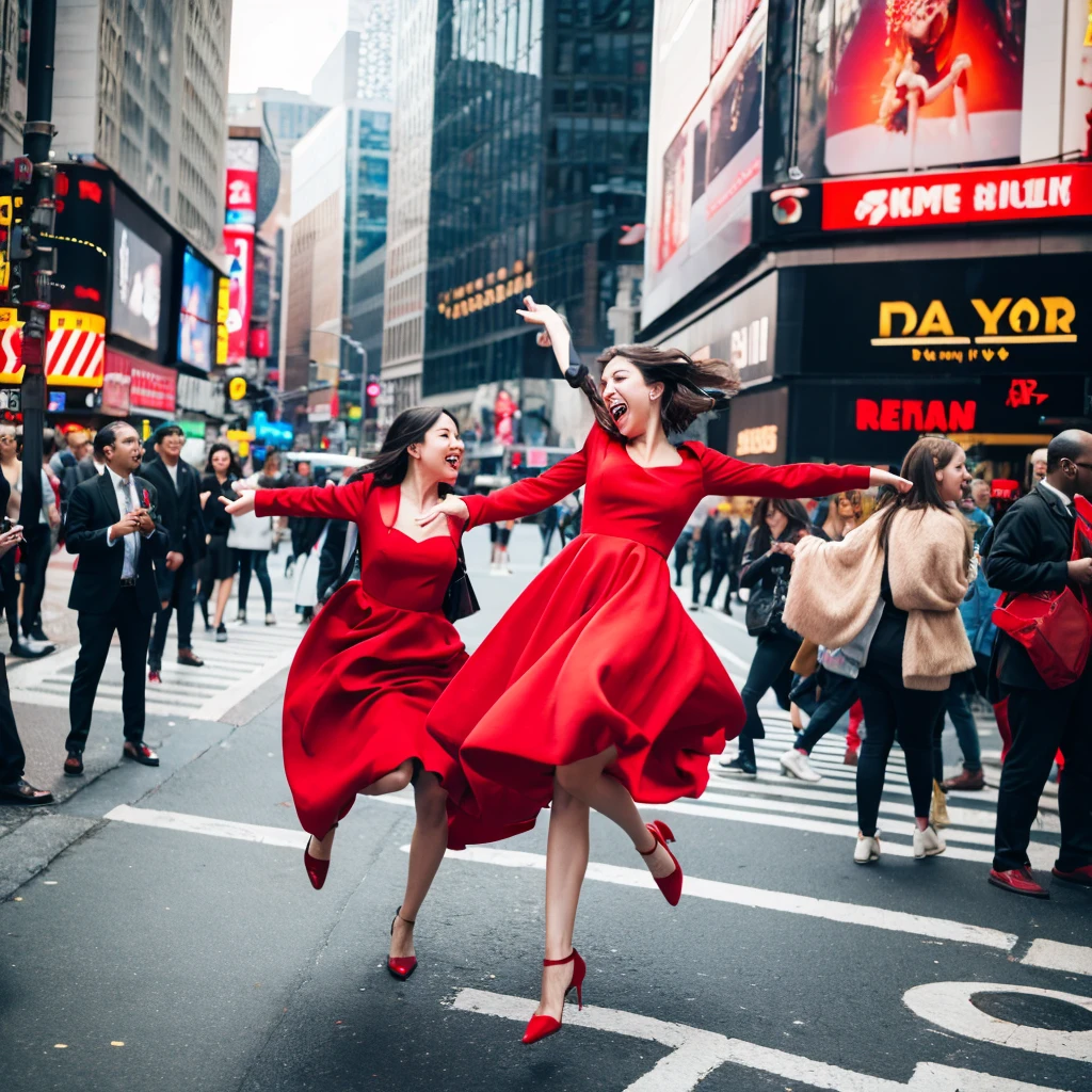 dancing jump in red dress, in the middle of busy new york street
