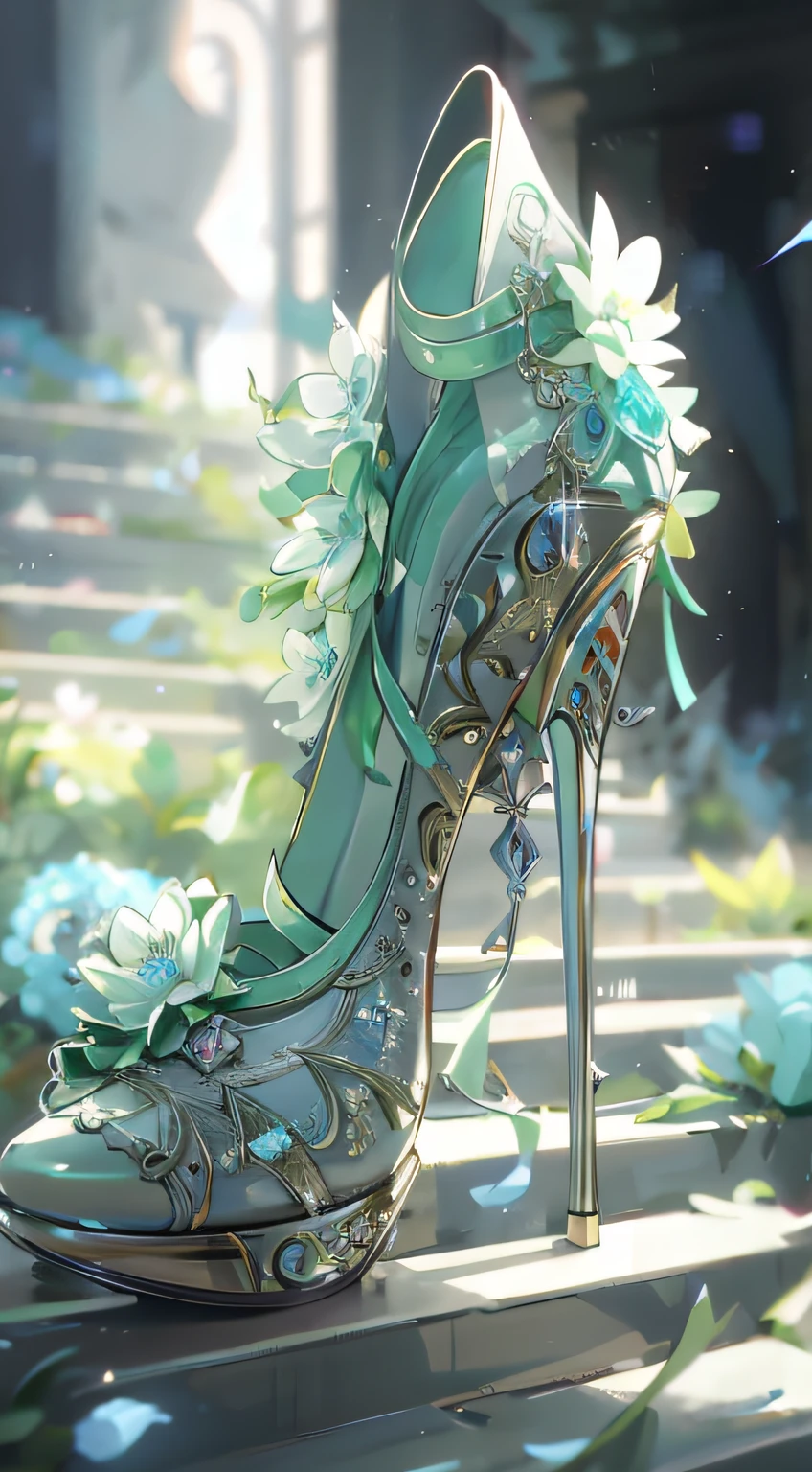 There is a high heel，It is decorated with flowers, High heels. No Man，anime style at pixiv, beautiful fantasy anime, stylish shoe design, 8K high quality detailed art, trending on artstation pixiv, trending on cgstation, intricate ornate anime cgi style, shoes, 🌺 CGSesociety, Silk shoes, Fantasy art style, Fine details. anime，One high heel，baroque，Baroque crystal，opulent，Pedras preciosas，Set with diamonds，Flower embellishment，Art shoes，Stunning design，super detailing，hyper ornate，Courtly style，rim-light，Steps，Bokeh background，Shoe models，High heel model，Three-dimensional feeling，Transparent，Translucent，wallpaper hd