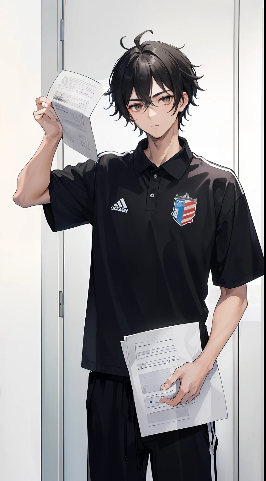 ((masterpiece, best quality, more detail)), ((1man)), a man 22 years old with messy, black hair wearing a sports uniform is standing at the basketball hall with holding a paper and reading that paper , looking at the paper