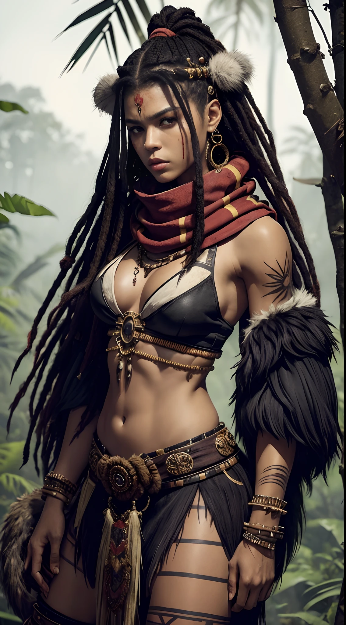 countless fresh bleeding bloody injuries all over the body, (low-angle view, full body), incredible tall skinny exhausted black barbarian female warrior wearing decorated beast fur, full body leaning visible exhausted against tree, thoughtful fierce tribal war painted blood covered face, barbarian warrior headpiece, blood covered skin clothes, very long tribal beads thick dreadlocks, (bold lined tribal tattoos), long tribal hip scarf, (beast decorated fur crop top shoulder pads), (decorated beast fur boots), very dense jungle