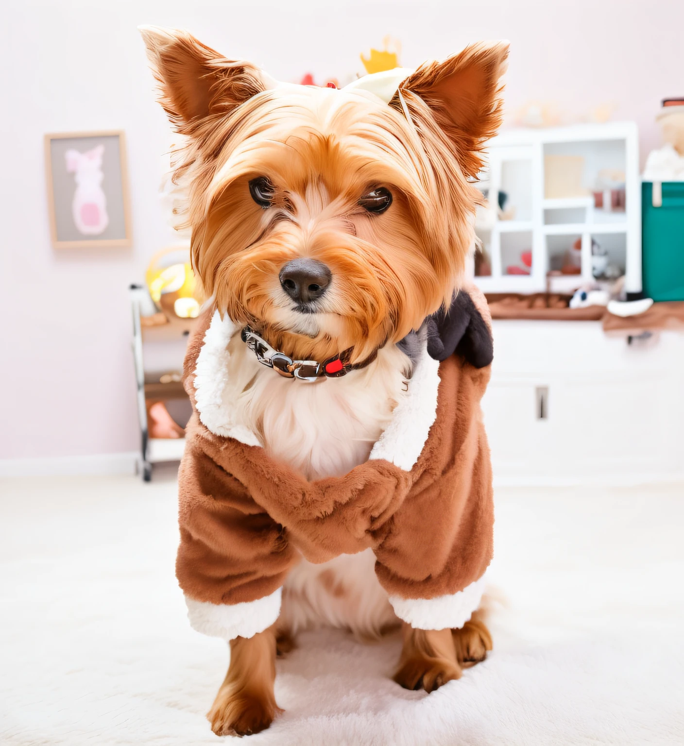 Dressed in a dog costume, sits on the floor, toy commercial photo, Fluffy style, Yorkshire terrier.