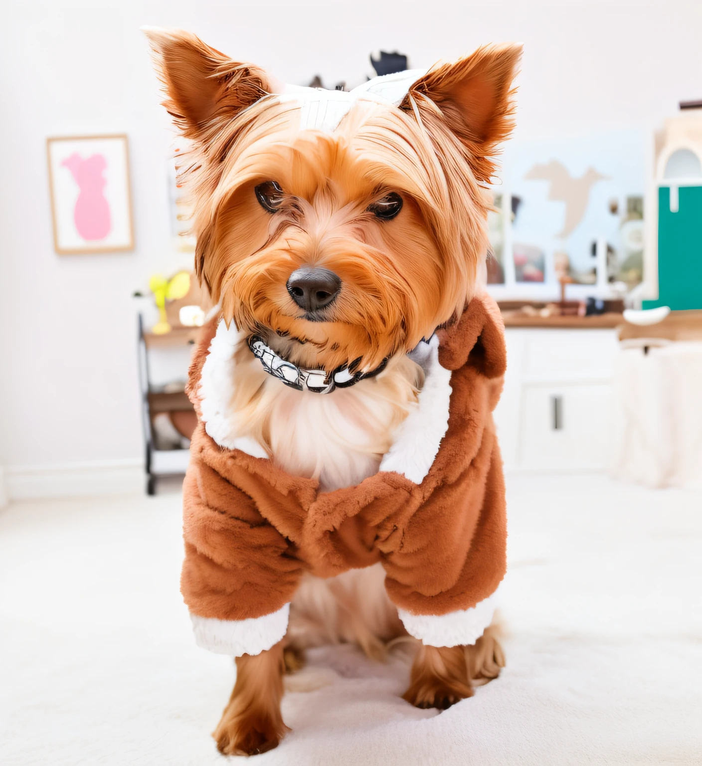 Dressed in a dog costume, sits on the floor, toy commercial photo, Fluffy style, Yorkshire terrier.