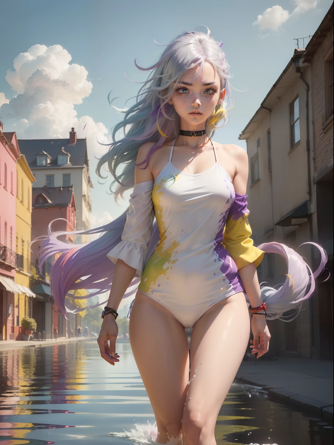1.5),(1 girl),(Dynamic Pose),(multicolored hair+Silver hair:1.3+Red hair:1.2+Purple hair+Yellow hair:1.3+Green hair:1.3),(Blue eyes),(Neck ribbon),(floating),(cloud),(Too many drops of water),(Twilight),(watercolor paiting),(Wide Shot),anklets,sandal,,