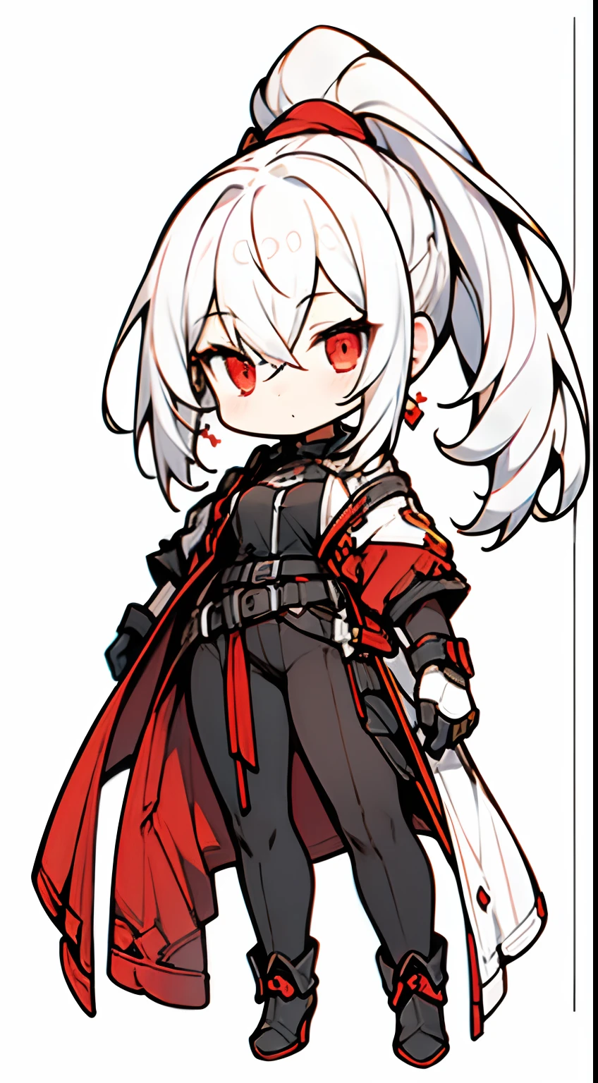 ((masterpiece)),(((bestquality))), (Character full body), 1 girl, ponytail hair,white-haired, red eyes, black leather suite, (simple background, White background: 1.3)