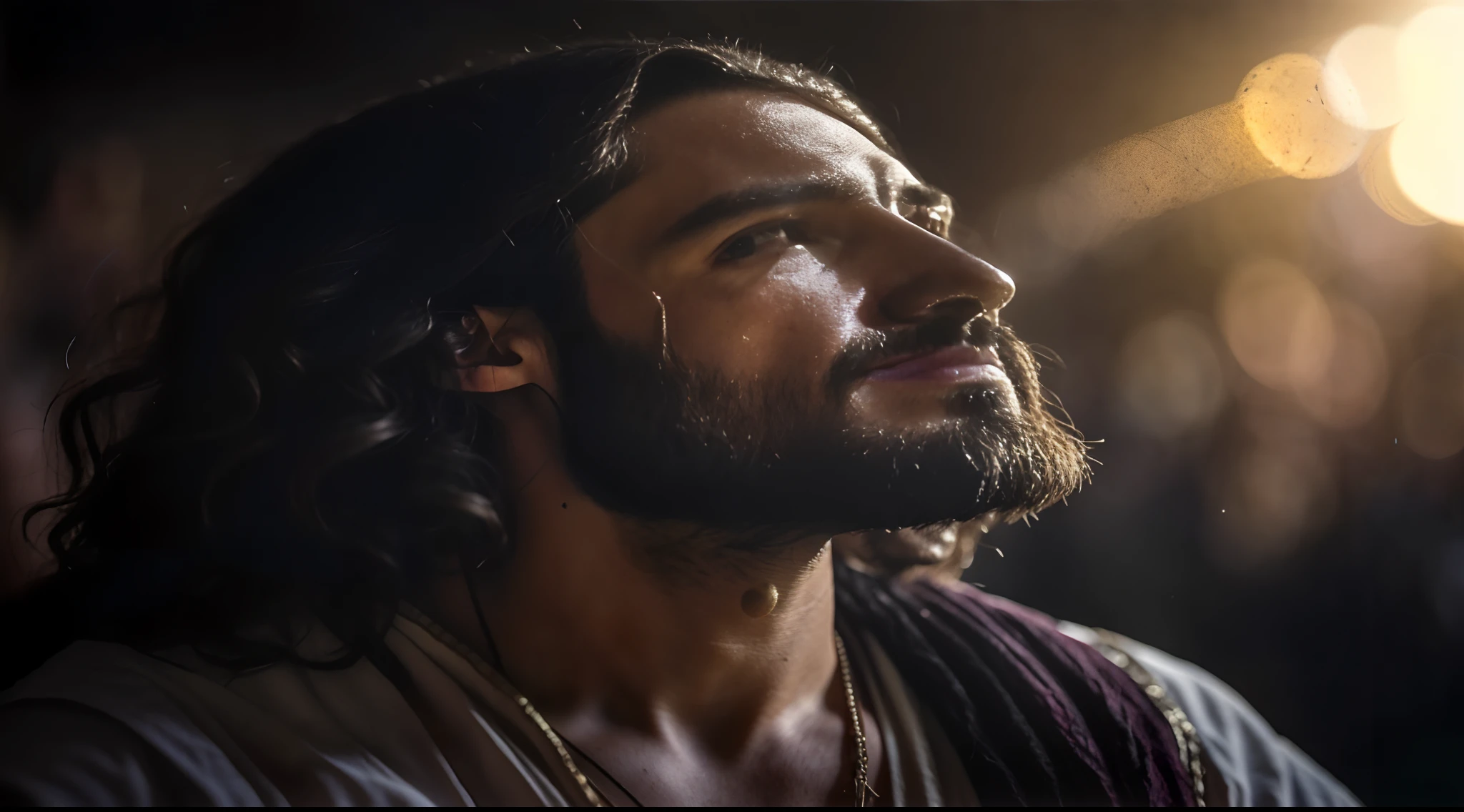 Retrato moderno de Jesus, FOTO FRONTAL, he told his disciples, cinematic lighthing, profundidade de campo, Bokeh, Realismo, fotorrealista, hiper-realismo, fotografia profissional, UHD, DSLR, HDR