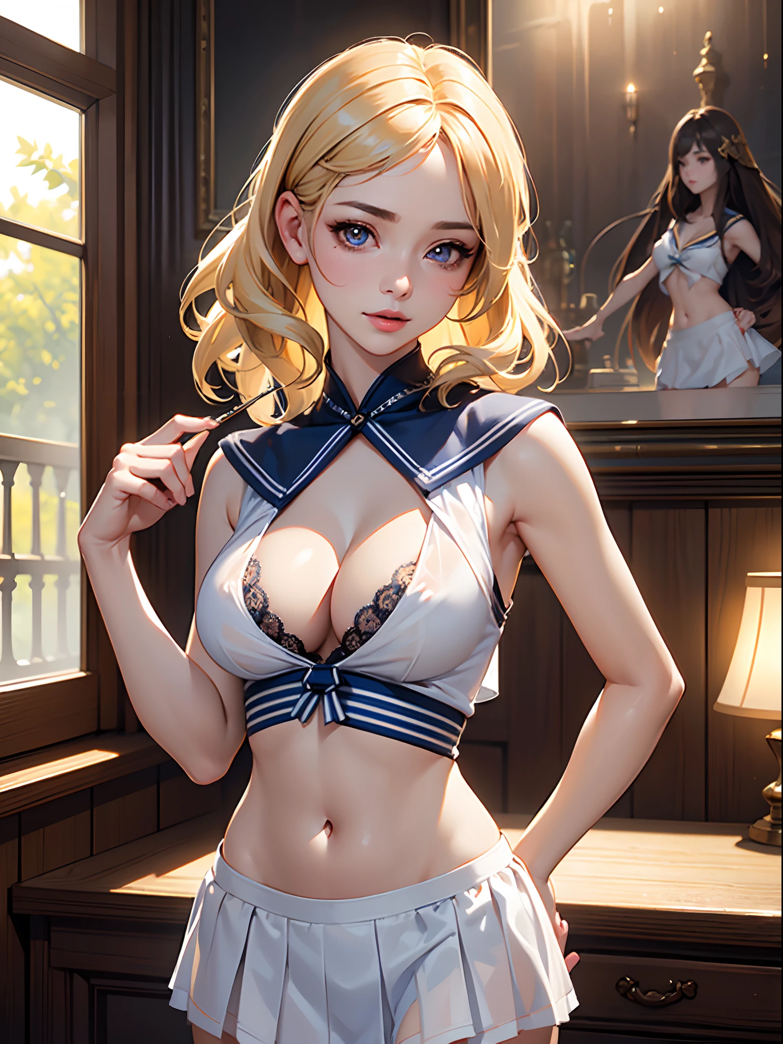 masterpiece, best quality, high quality, High definition, High quality texture, High quality shadow, high detail, beautiful detailed, finely detailed, extremely detailed cg, detailed texture, a realistic representation of the face, realistic, colorful, delicate, Cinematic Light, Ray tracing, sharp focus, (intricate details, makeup, PureErosFace_V1:0.5), (detailed beautiful delicate face, detailed beautiful delicate eyes, a face of perfect proportion, high detailed skin, detailed skin, best ratio four finger and one thumb, (((toppless))), (large breasts), (((cleavage))), ((Smooth texture, Realistic texture, Photorealistic)), Detailed beautiful eyes, Beautiful eyelashes, emerald eyes, Blonde medium hair 1 woman, at bedroom, (((sheer sailor shirt, Sleeveless, Open front))), (((Navel ))), (((Sheer Micro Mini Skirt))), (Beautiful face, Cute face, Detailed face), (cowboy shot), (((Sunny))), Perfect Eyes Eyes, transparent