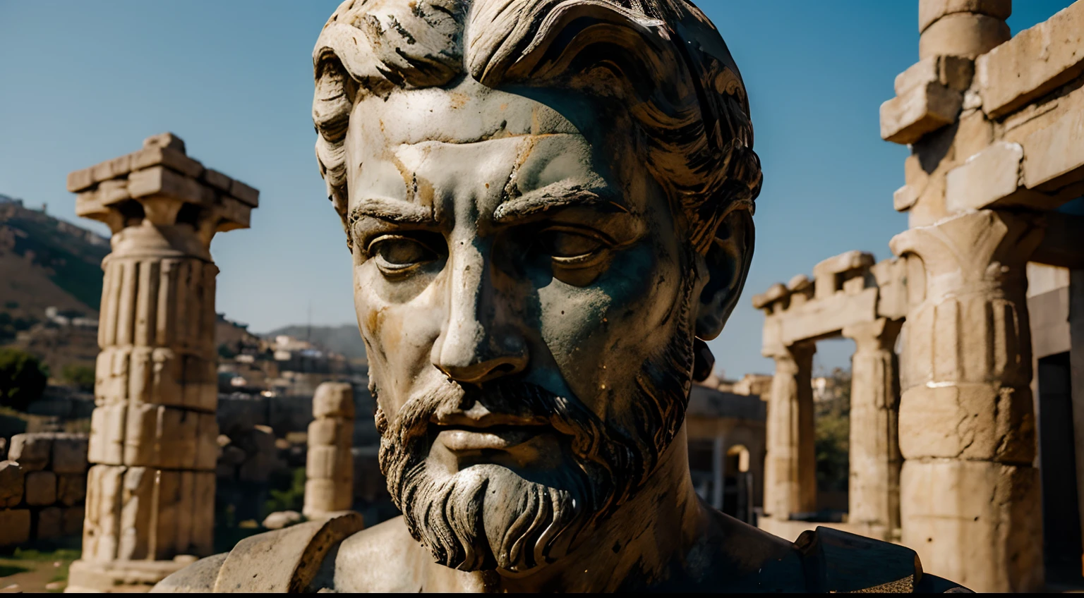 Ancient Stoic Statue With Very Angry Expression, tem barba, muitos detalhes em ambos os olhos, Outside, fundo atenas grego, open sky, com rosto extremamente detalhado full body view, Colors with low saturation with dark tone, Filmado em Sony A7S III com Sony FE 35mm f/1.8, 12.1 MP, --AR 3:2 --estilo cru