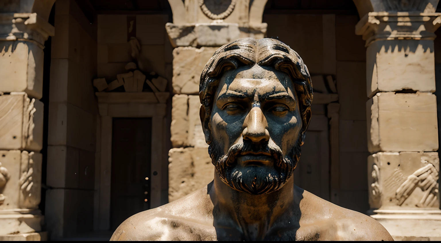 Ancient Stoic Statue With Very Angry Expression, tem barba, muitos detalhes em ambos os olhos, Outside, fundo atenas grego, open sky, com rosto extremamente detalhado full body view, Colors with low saturation with dark tone, Filmado em Sony A7S III com Sony FE 35mm f/1.8, 12.1 MP, --AR 3:2 --estilo cru