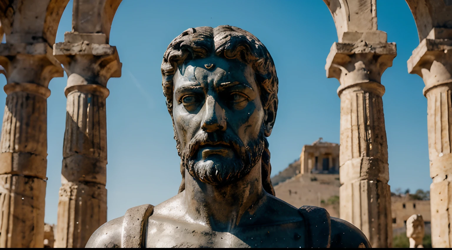 Ancient Stoic Statue With Very Angry Expression, tem barba, muitos detalhes em ambos os olhos, Outside, fundo atenas grego, open sky, com rosto extremamente detalhado full body view, Colors with low saturation with dark tone, Filmado em Sony A7S III com Sony FE 35mm f/1.8, 12.1 MP, --AR 3:2 --estilo cru