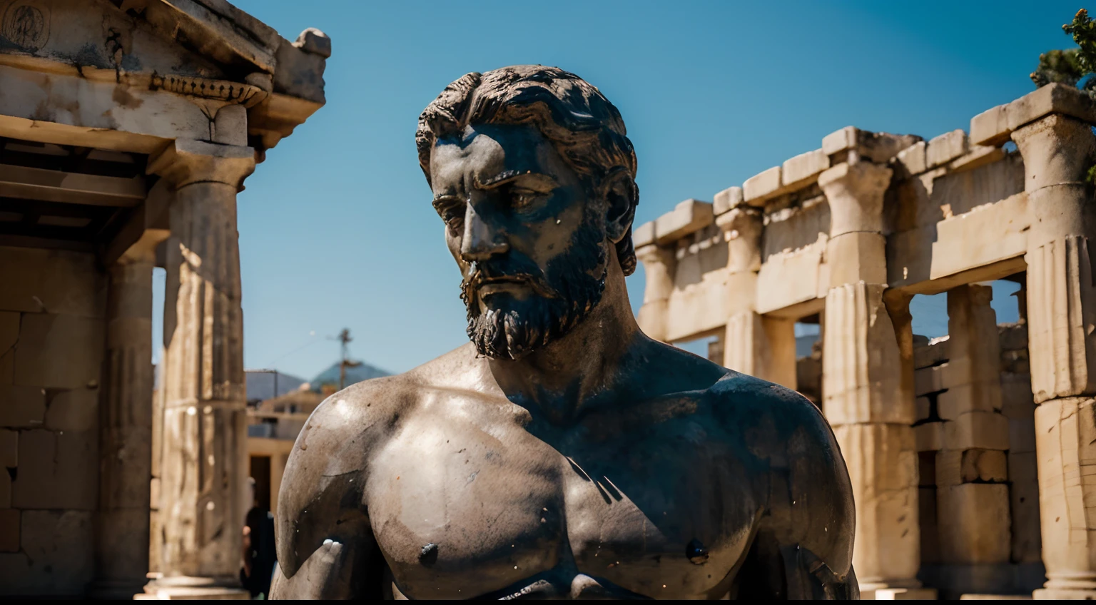 Ancient Stoic Statue With Very Angry Expression, tem barba, muitos detalhes em ambos os olhos, Outside, fundo atenas grego, open sky, com rosto extremamente detalhado full body view, Colors with low saturation with dark tone, Filmado em Sony A7S III com Sony FE 35mm f/1.8, 12.1 MP, --AR 3:2 --estilo cru