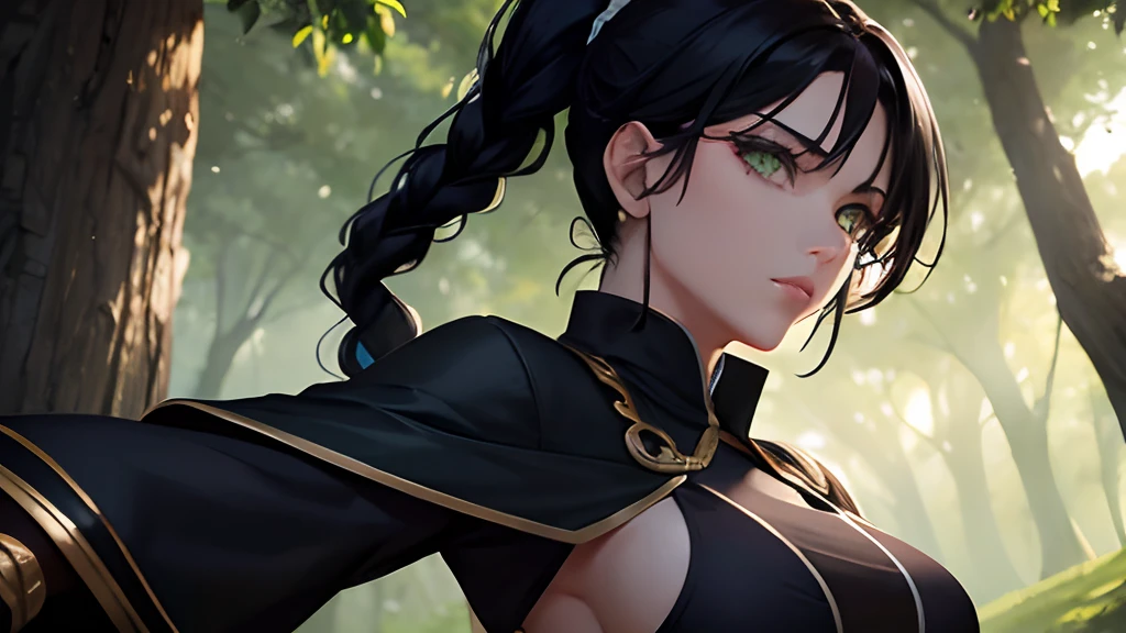 masterpiece, trees on background, shadowheart solo, black hair, green eyes, upper body, mature woman, mage outfit, braided ponytail