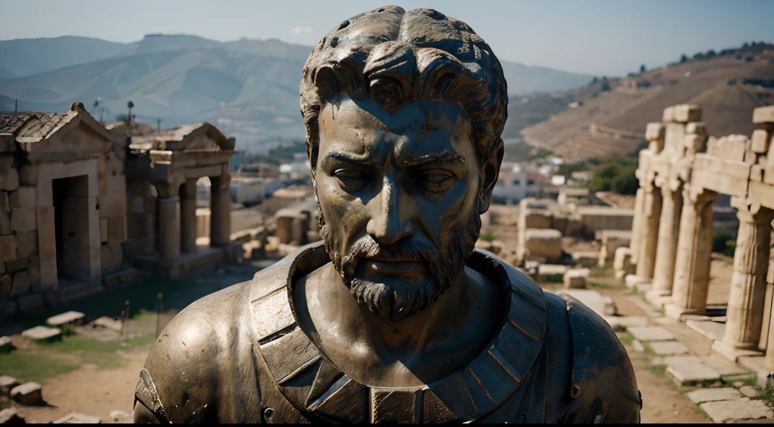 Ancient Stoic Statue With Very Angry Expression, tem barba, muitos detalhes em ambos os olhos, Outside, fundo atenas grego, open sky, com rosto extremamente detalhado full body view, Colors with low saturation with dark tone, Filmado em Sony A7S III com Sony FE 35mm f/1.8, 12.1 MP, --AR 3:2 --estilo cru