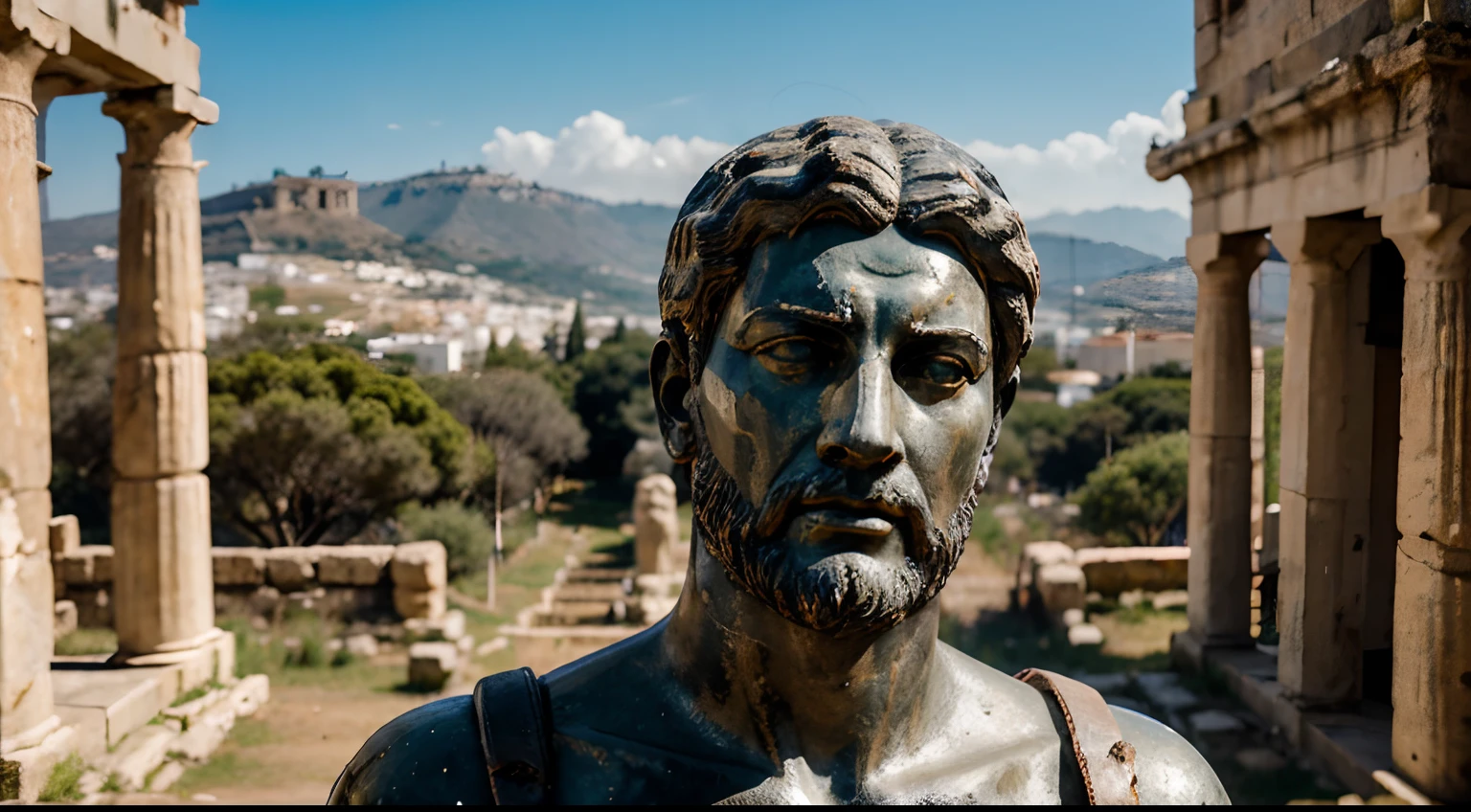 Ancient Stoic Statue With Very Angry Expression, tem barba, muitos detalhes em ambos os olhos, Outside, fundo atenas grego, open sky, com rosto extremamente detalhado full body view, Colors with low saturation with dark tone, Filmado em Sony A7S III com Sony FE 35mm f/1.8, 12.1 MP, --AR 3:2 --estilo cru