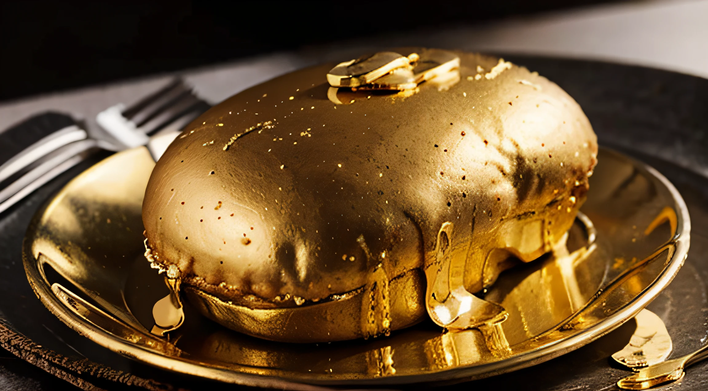 food made of gold on a plate, side view