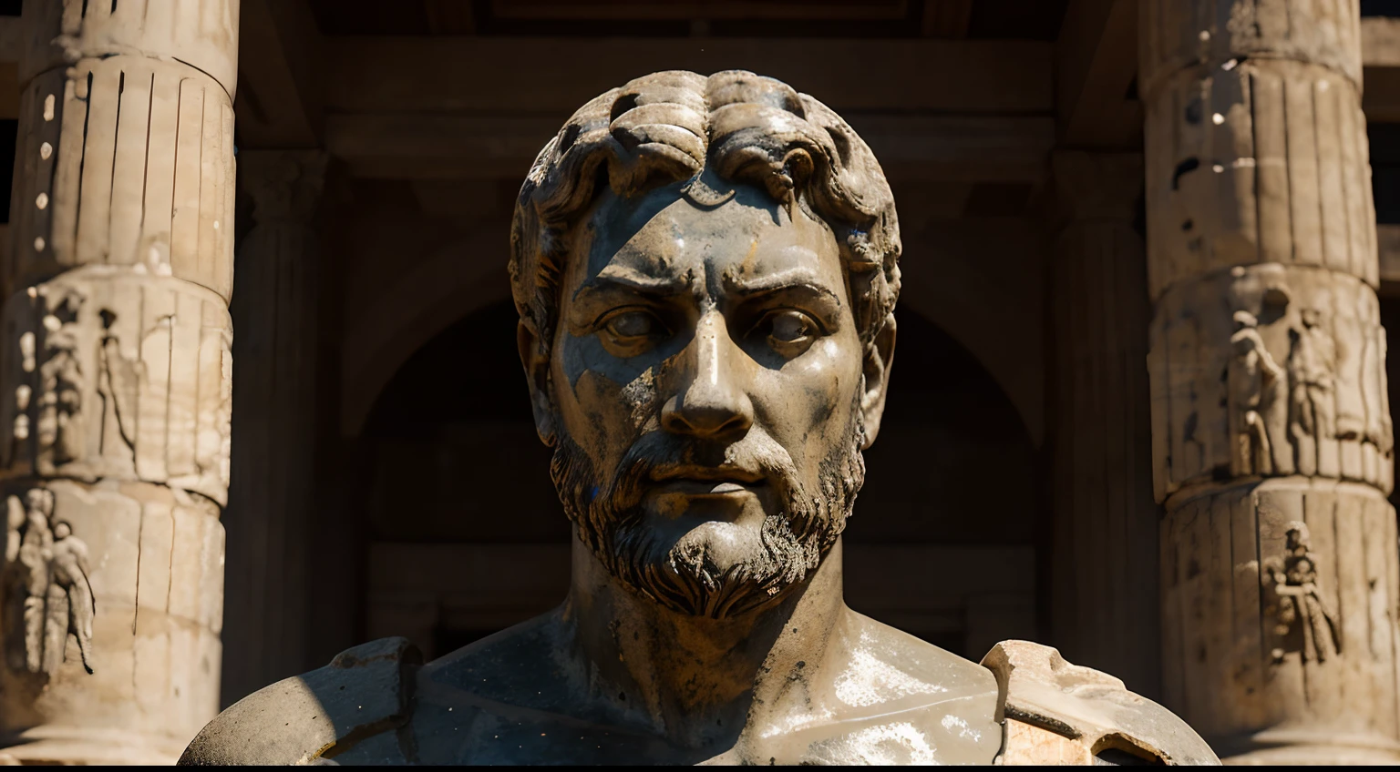 Extreme close-up of A hyper-realistic marble statue of a muscular handsome Roman god man holding a sword rotting, very old, ancient dust, and his facial expressions betray deep sadness and overthinking. Against the background of Roman columns, petrified birds, ashes on the ground withered and rotting, the colors are muted and faded, to emphasize the seriousness of the scene.