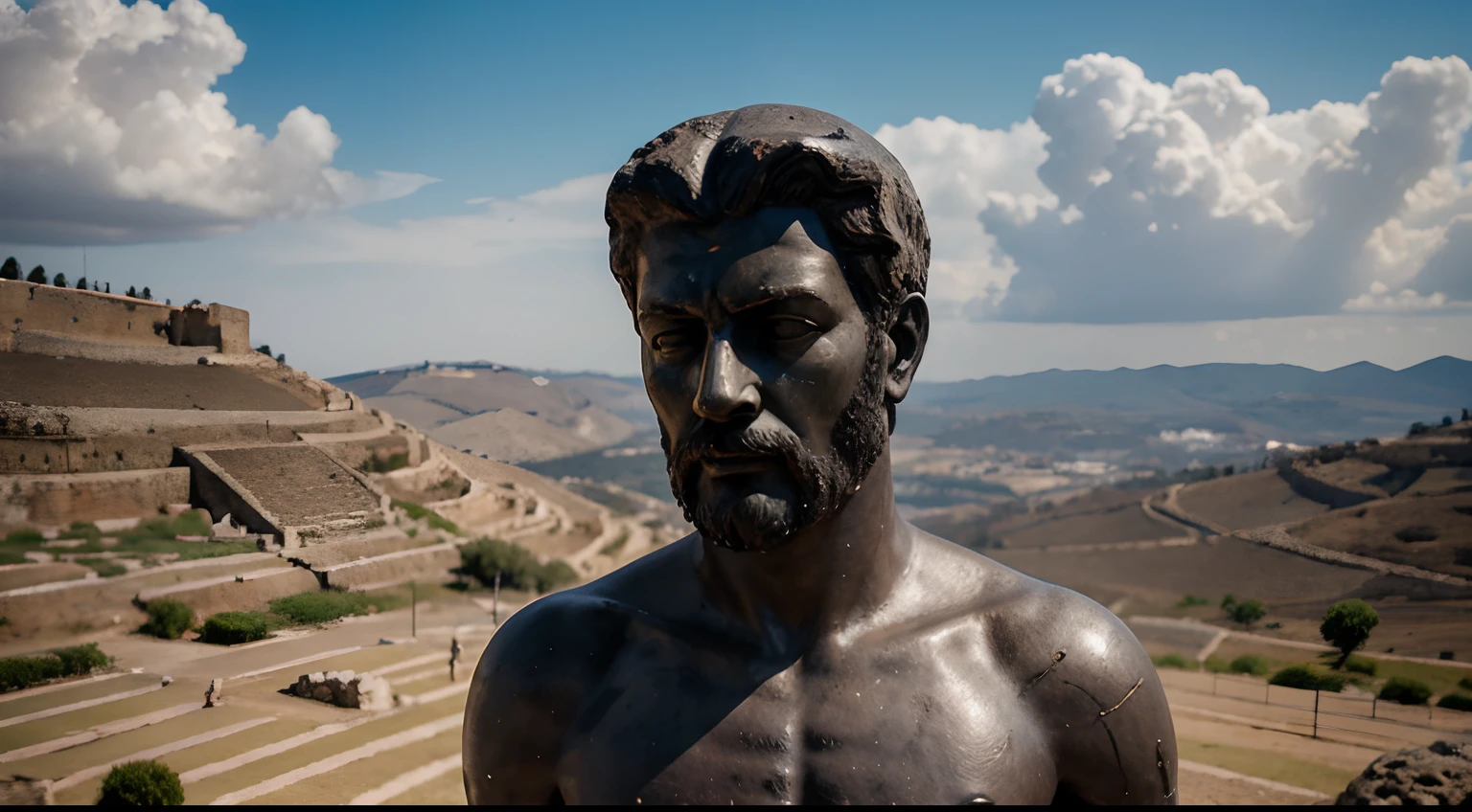 Ancient Stoic Statue With Very Angry Expression, tem barba, muitos detalhes em ambos os olhos, Outside, fundo atenas grego, open sky, com rosto extremamente detalhado full body view, Colors with low saturation with dark tone, Filmado em Sony A7S III com Sony FE 35mm f/1.8, 12.1 MP, --AR 3:2 --estilo cru