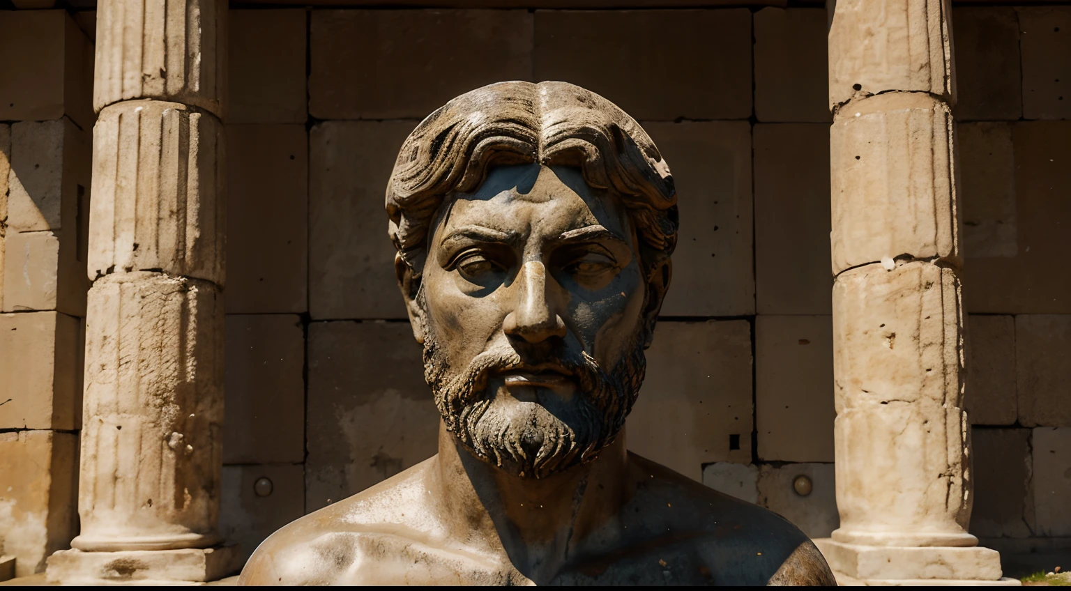 Ancient Stoic Statue With Very Angry Expression, tem barba, muitos detalhes em ambos os olhos, Outside, fundo atenas grego, open sky, com rosto extremamente detalhado full body view, Colors with low saturation with dark tone, Filmado em Sony A7S III com Sony FE 35mm f/1.8, 12.1 MP, --AR 3:2 --estilo cru