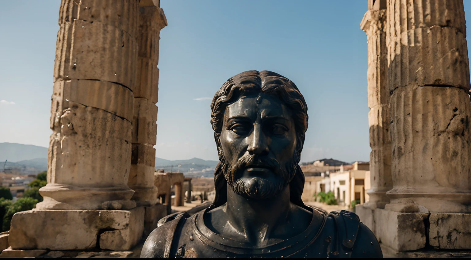 Ancient Stoic Statue With Very Angry Expression, tem barba, muitos detalhes em ambos os olhos, Outside, fundo atenas grego, open sky, com rosto extremamente detalhado full body view, Colors with low saturation with dark tone, Filmado em Sony A7S III com Sony FE 35mm f/1.8, 12.1 MP, --AR 3:2 --estilo cru