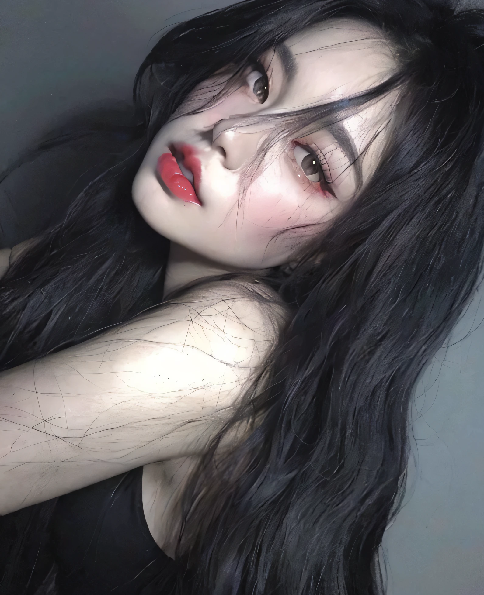 Arafed Woman with long black hair and red lipstick posing for a photo, pale goth beauty, cabello oscuro y maquillaje, goth girl aesthetic, pale skin and dark eyes, cabello negro y ojos grandes, ulzzang, cruel korean goth girl, con cabello largo y ojos penetrantes, with pale skin, Chica con cabello negro, pale porcelain white skin, pale - white skin