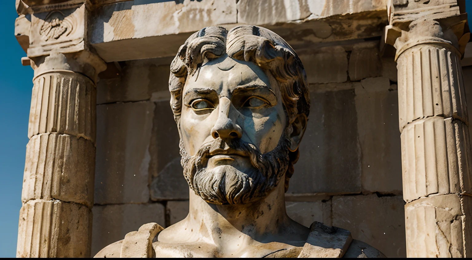 Ancient Stoic Statue With Very Angry Expression, tem barba, muitos detalhes em ambos os olhos, Outside, fundo atenas grego, open sky, com rosto extremamente detalhado full body view, Colors with low saturation with dark tone, Filmado em Sony A7S III com Sony FE 35mm f/1.8, 12.1 MP, --AR 3:2 --estilo cru