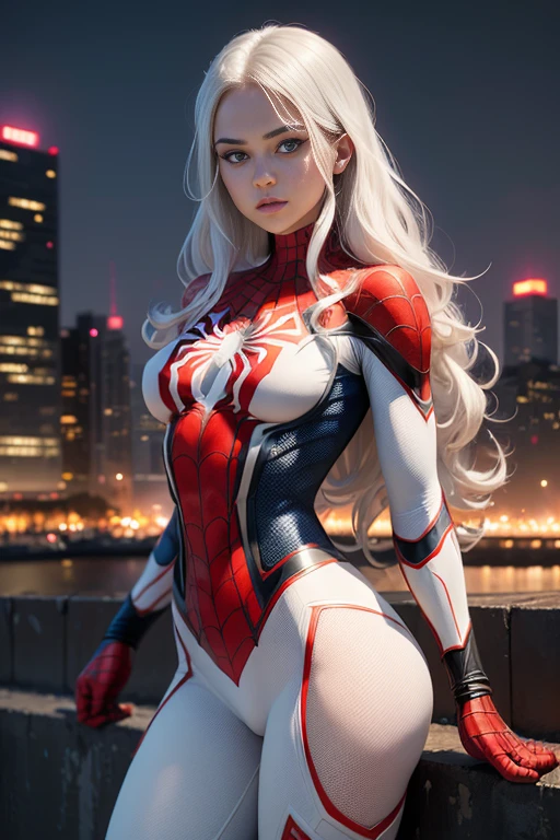 (masutepiece, 4K resolution, Ultra-realistic, Highly detailed), (Superhero theme in white costume, Charismatic, NSFW Girl Over the City, Wearing a white Spider-Man costume, Superheroine), (Beautiful Face 1.4), [((23 years old), (long white hair:1.2), full bodyesbian, (Blue eyes:1.2), (Spider-Man's Dynamic Pose) ((Rough urban environment):0.8)| (Urban landscape, during night, Dynamic Lights), (fullmoon))]